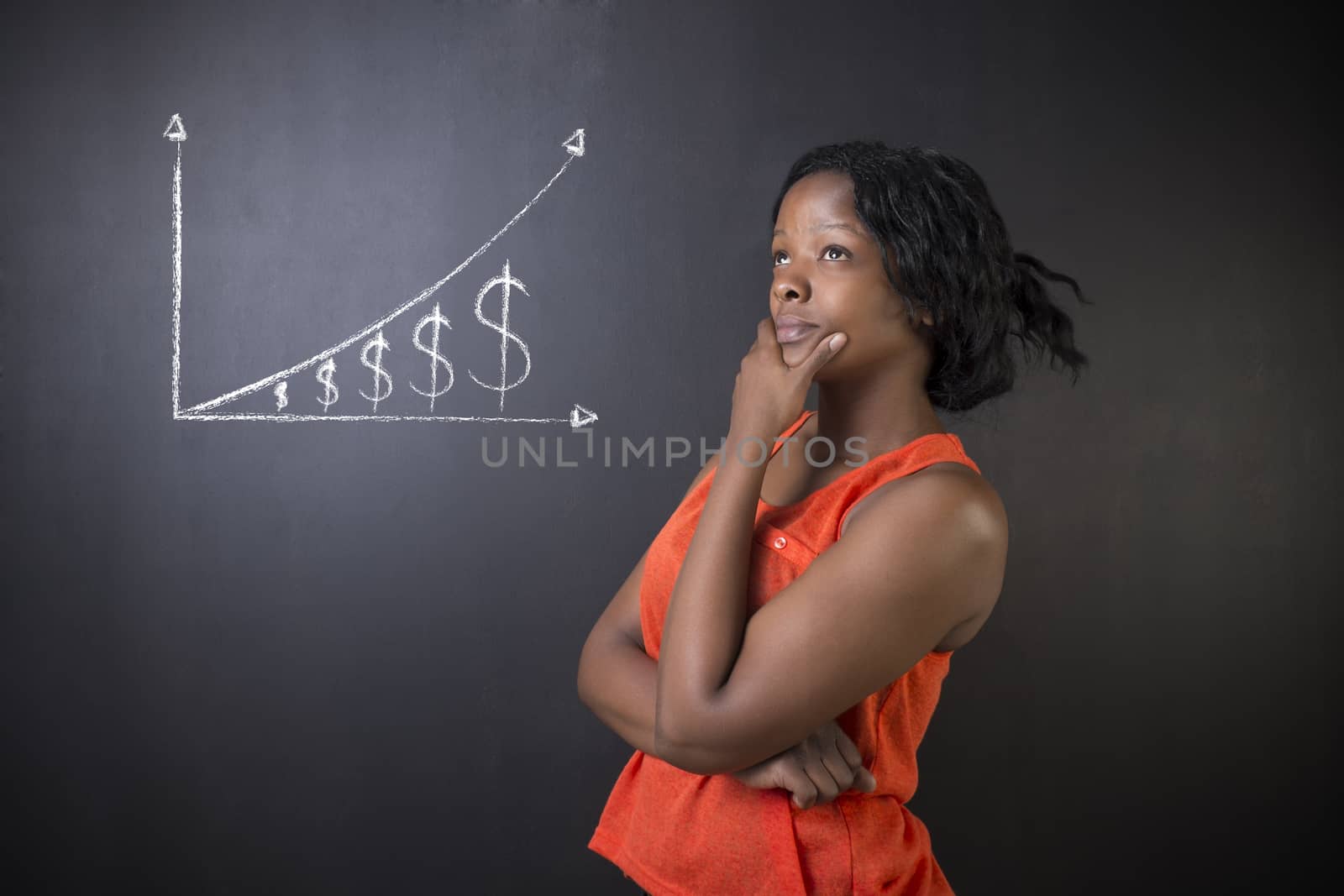 South African or African American woman teacher or student against blackboard background thinking about chalk money graph concept