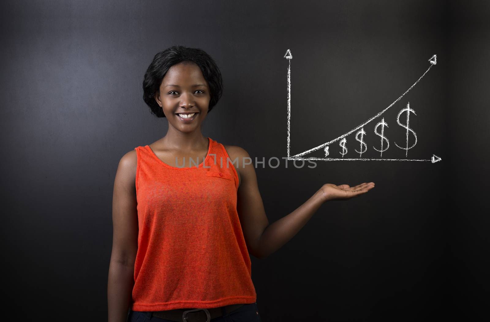 South African or African American woman teacher or student against blackboard chalk money   graph by alistaircotton