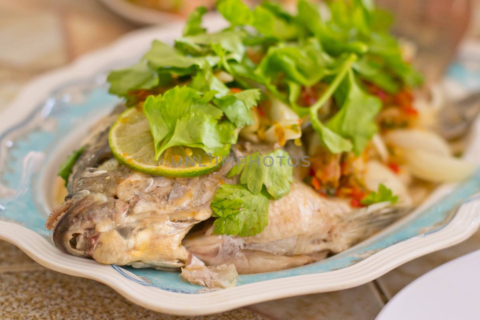 Steamed Tilapia fish garnish and vegetables by Thanamat