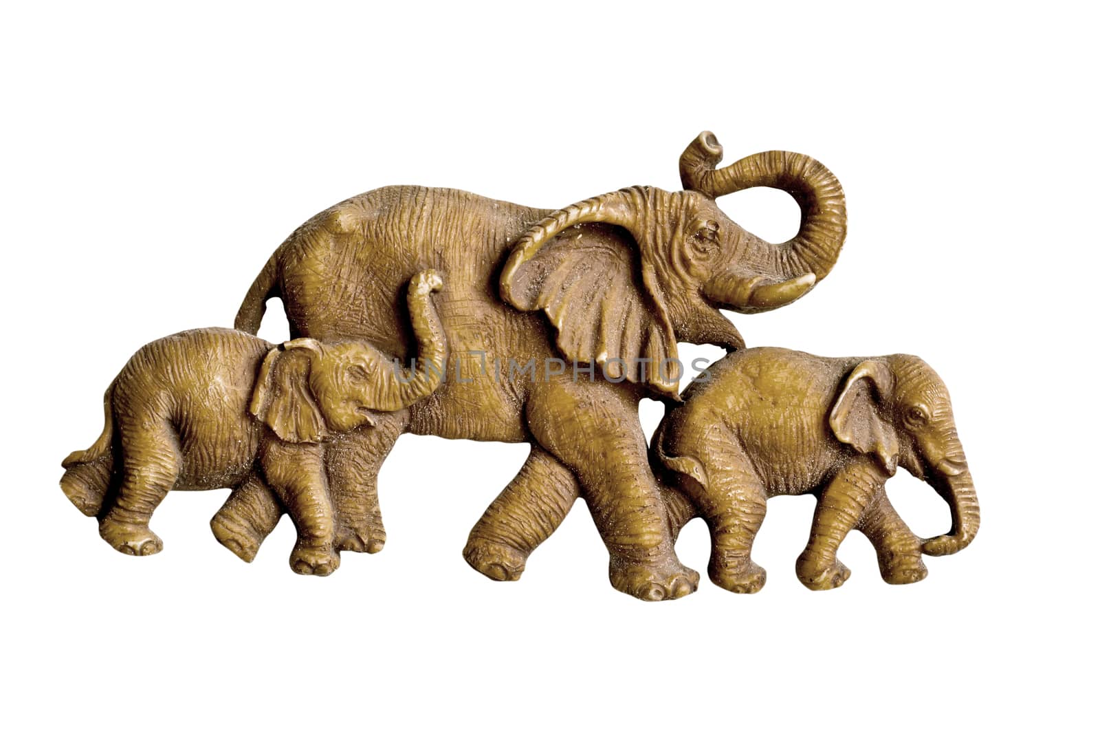 Carved wooden elephant on white background by Thanamat