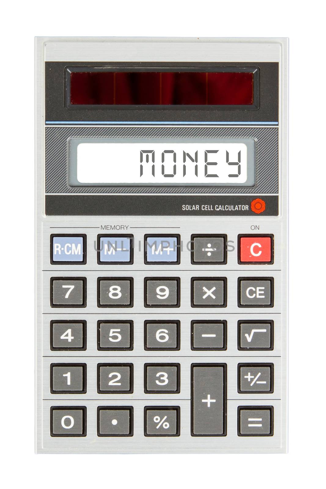 Old calculator showing a text on display - money