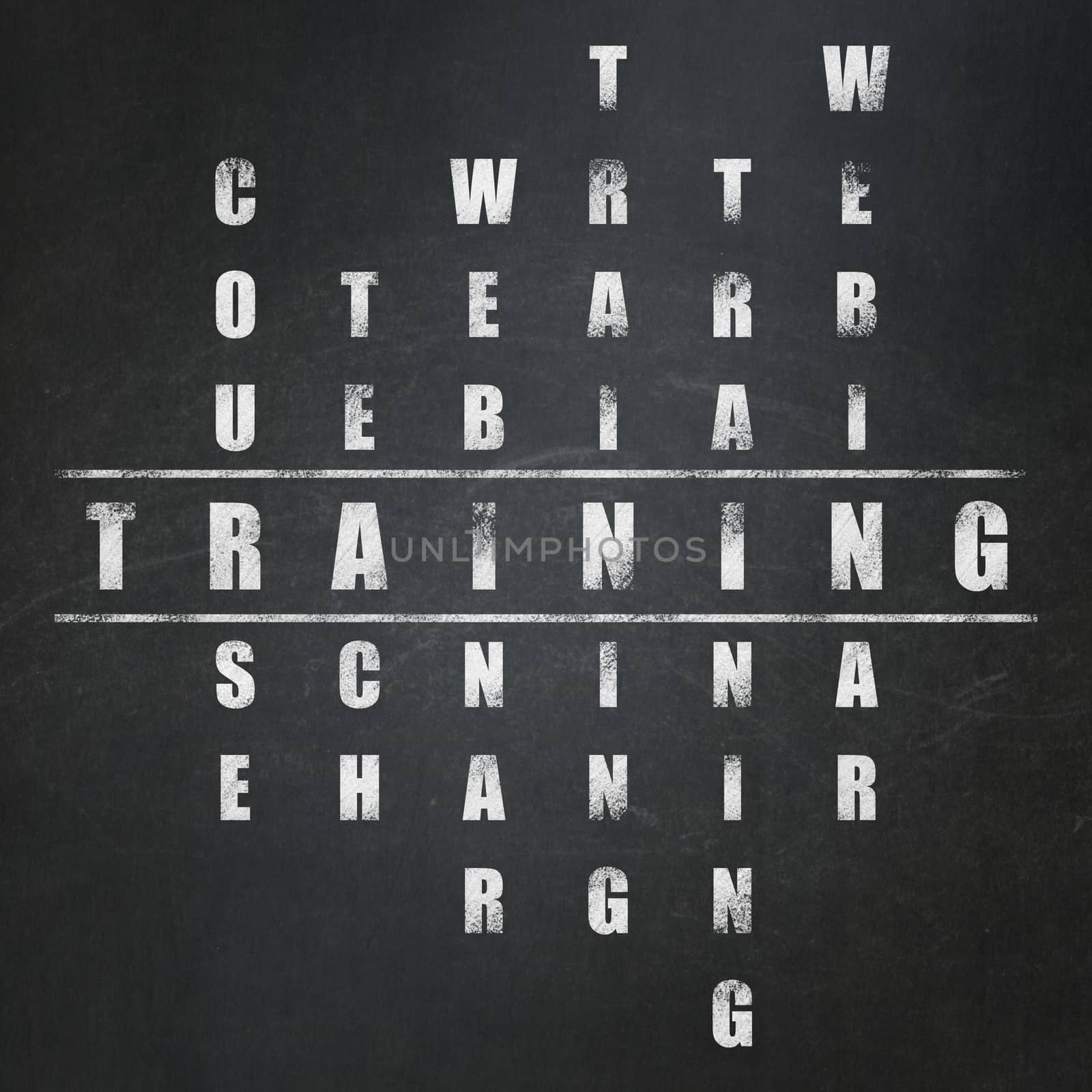 Education concept: Painted White word Training in solving Crossword Puzzle on School Board background, 3d render