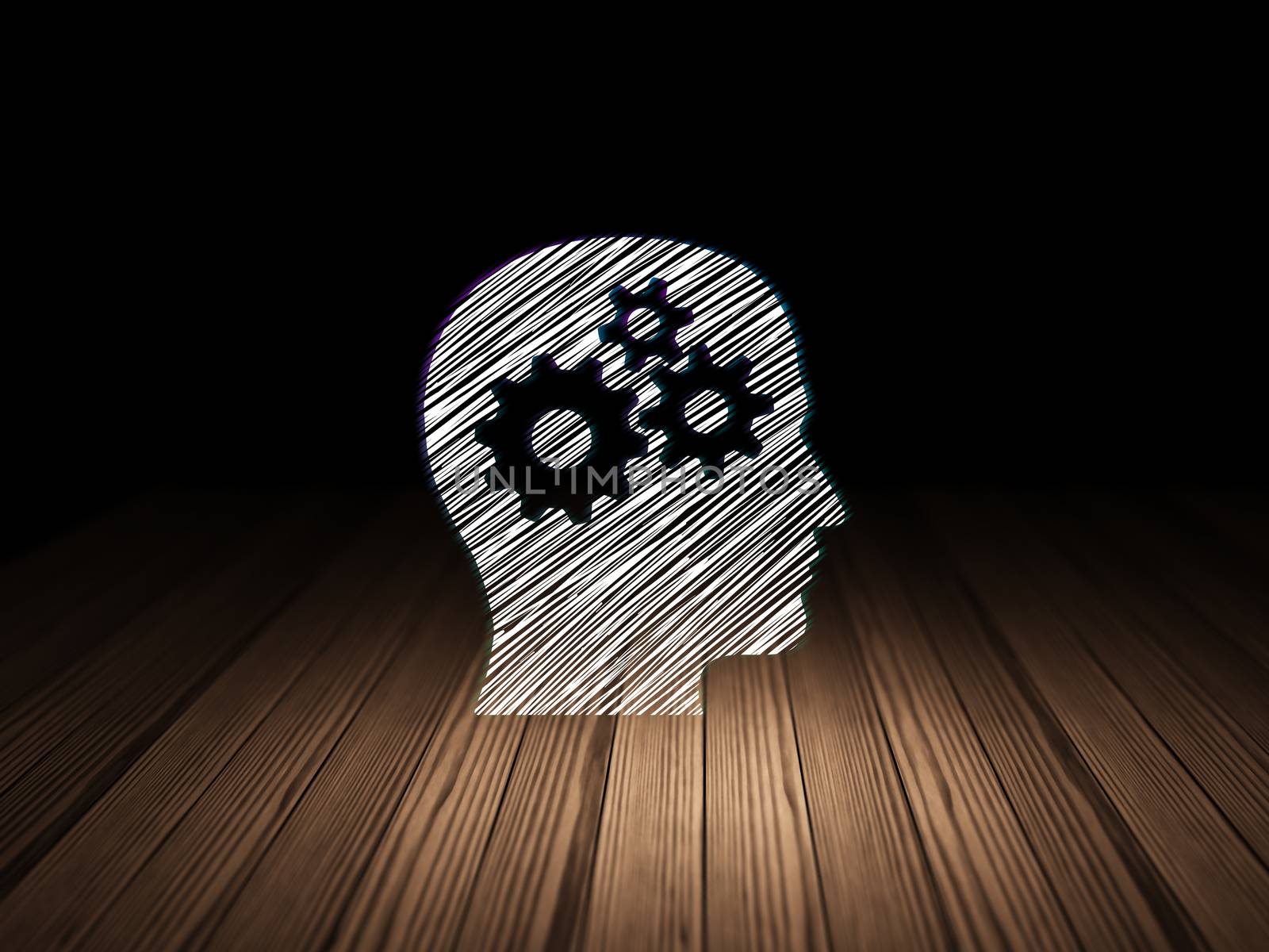 Education concept: Glowing Head With Gears icon in grunge dark room with Wooden Floor, black background, 3d render