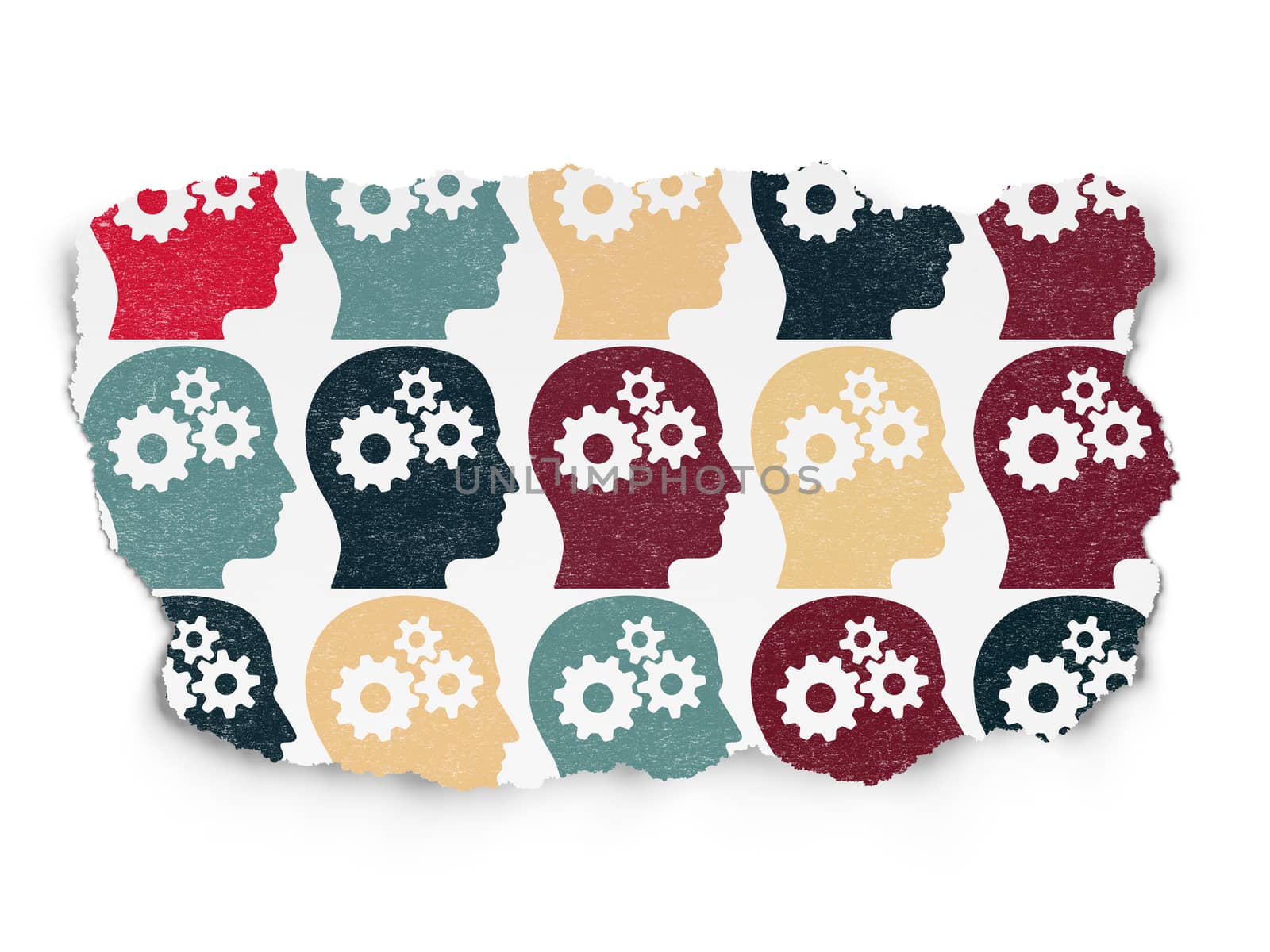 Business concept: Painted multicolor Head With Gears icons on Torn Paper background, 3d render