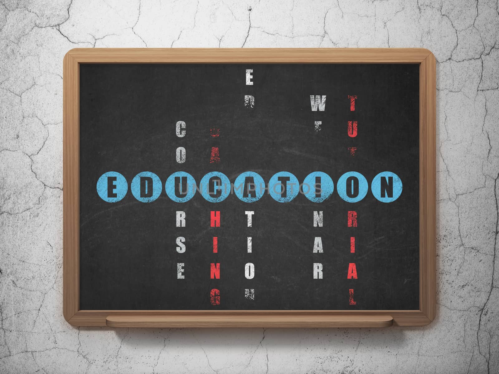 Education concept: Painted blue word Education in solving Crossword Puzzle on School Board background, 3d render