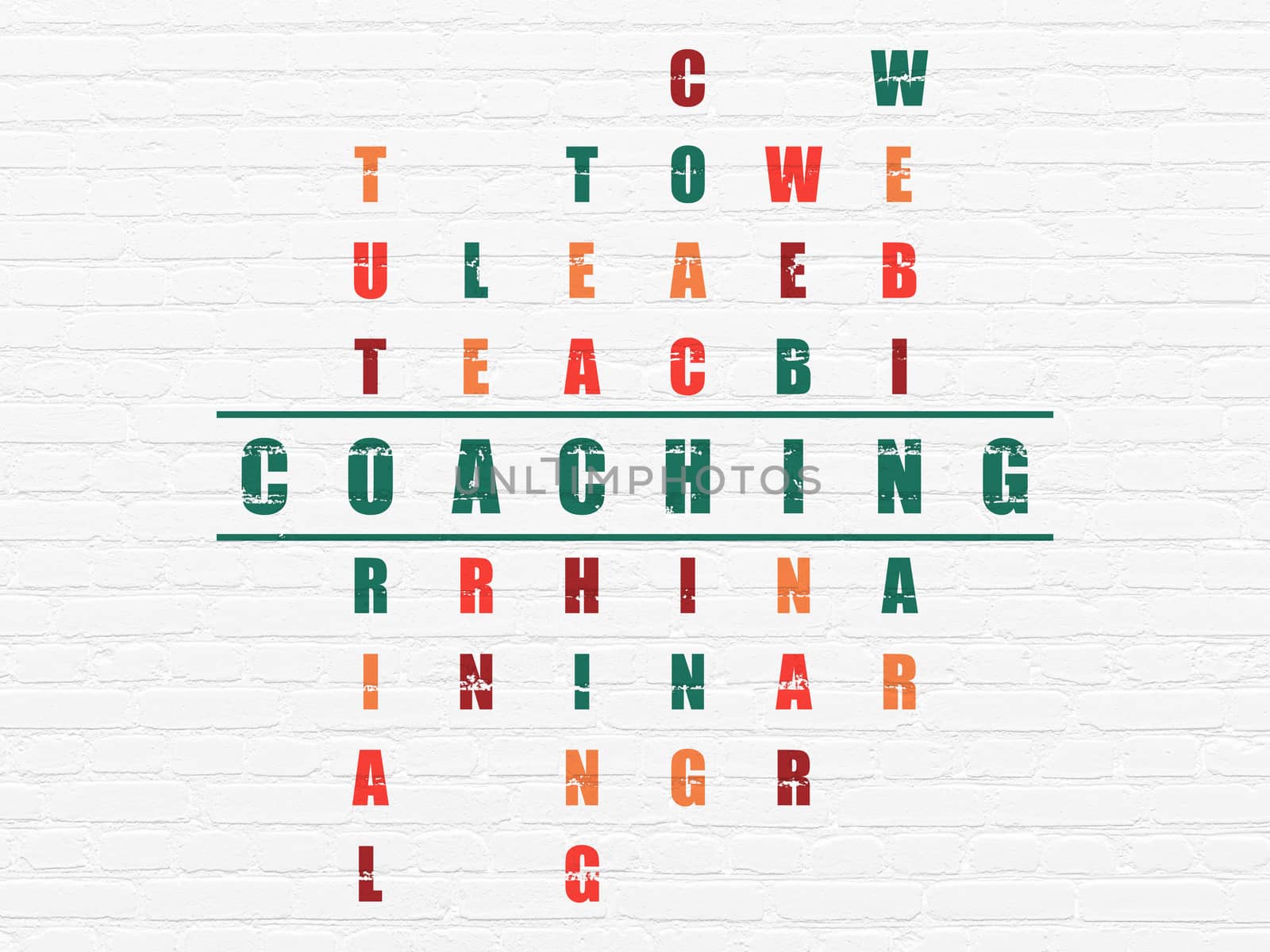Education concept: Painted green word Coaching in solving Crossword Puzzle, 3d render