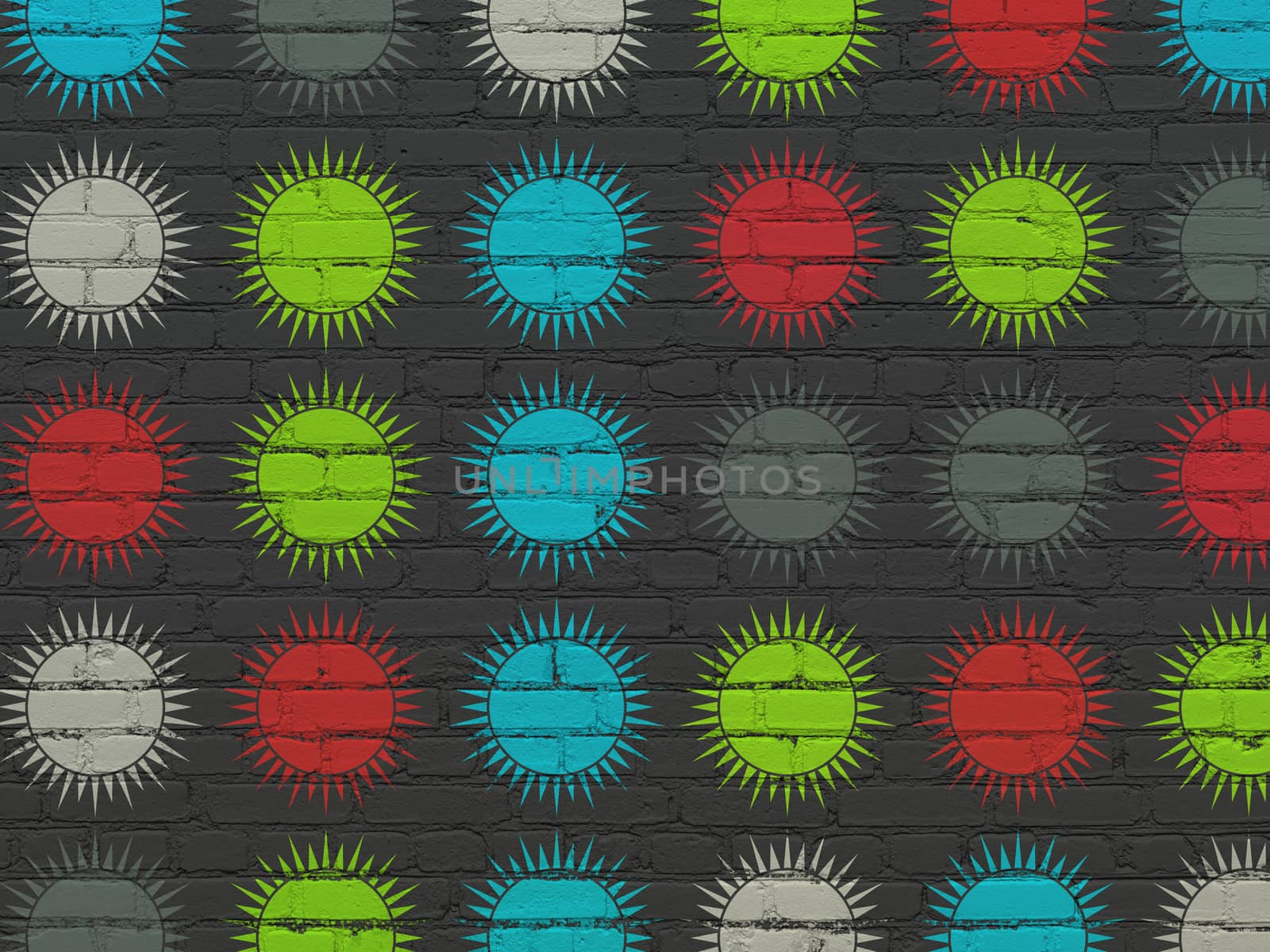 Travel concept: multicolor Sun icons on wall background by maxkabakov