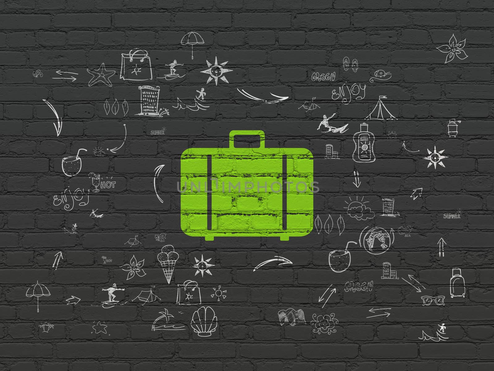 Tourism concept: Painted green Bag icon on Black Brick wall background with Scheme Of Hand Drawn Vacation Icons, 3d render