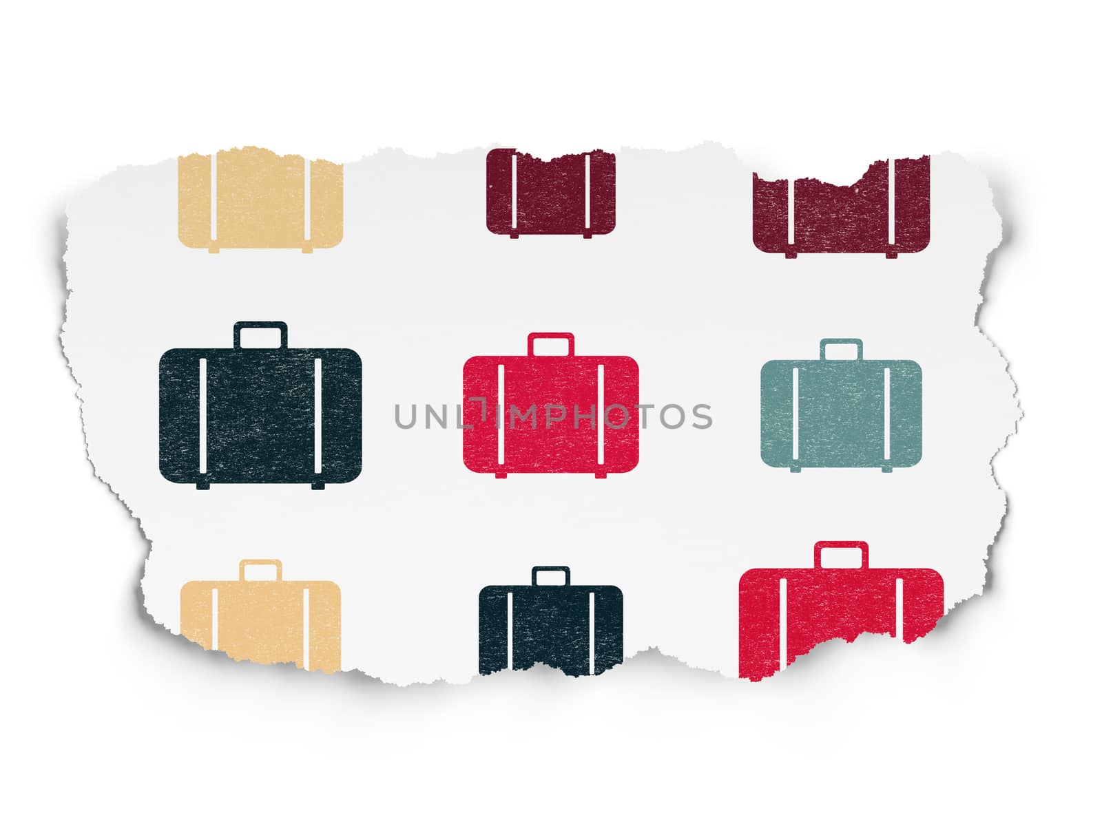 Tourism concept: Painted multicolor Bag icons on Torn Paper background, 3d render