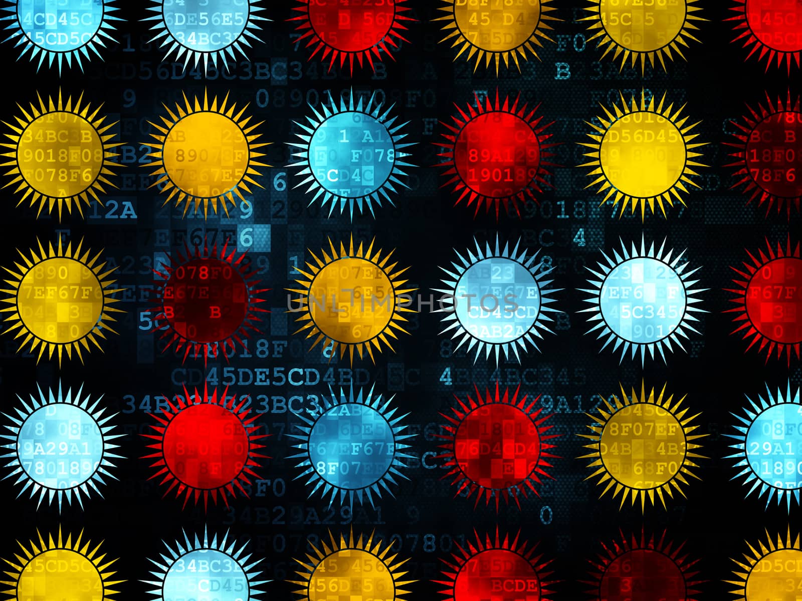 Vacation concept: multicolor Sun icons on Digital background by maxkabakov
