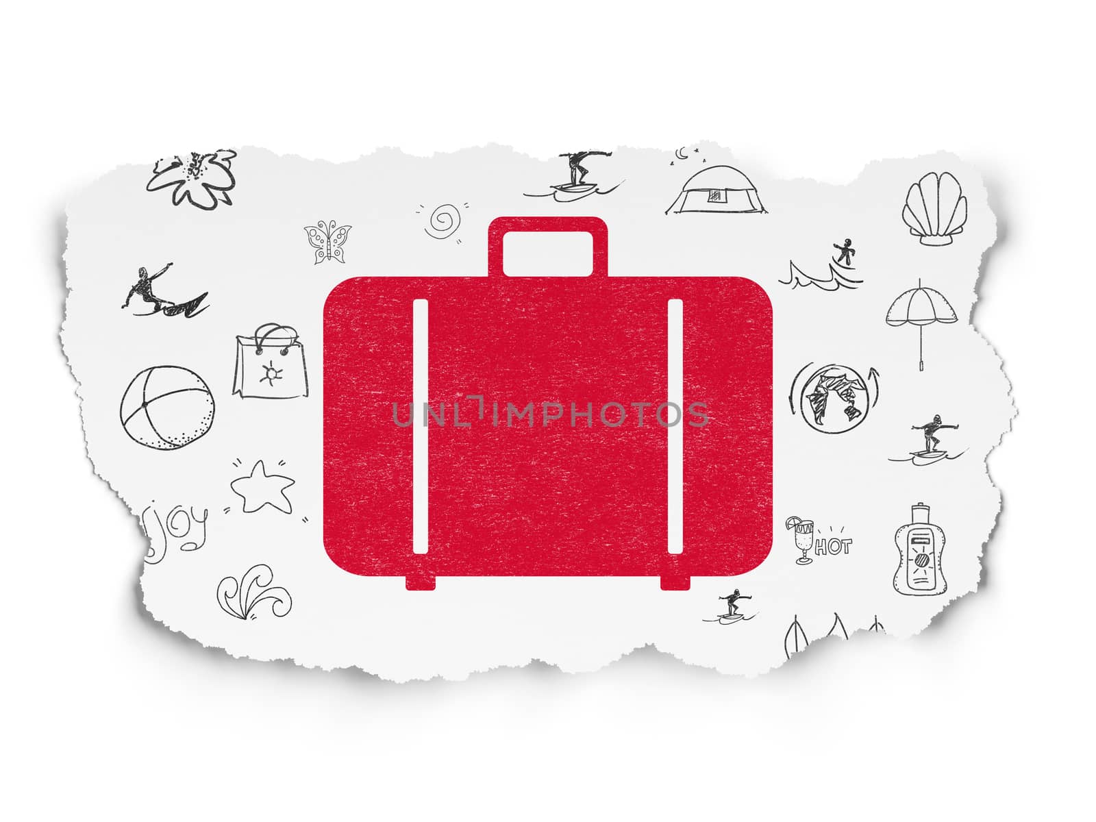 Tourism concept: Painted red Bag icon on Torn Paper background with  Hand Drawn Vacation Icons, 3d render