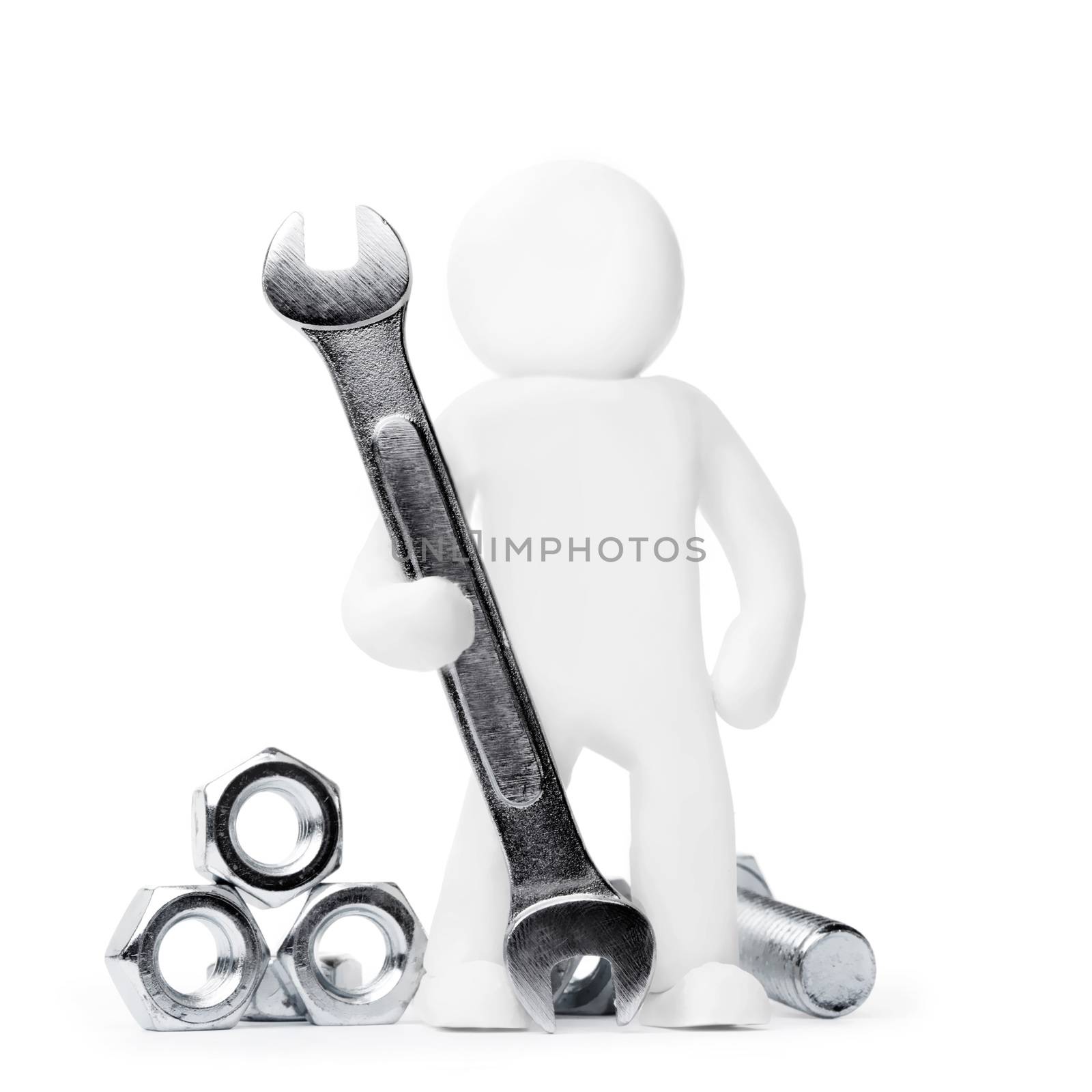 Plasticine man with spanner, screws and nuts isolated on white background