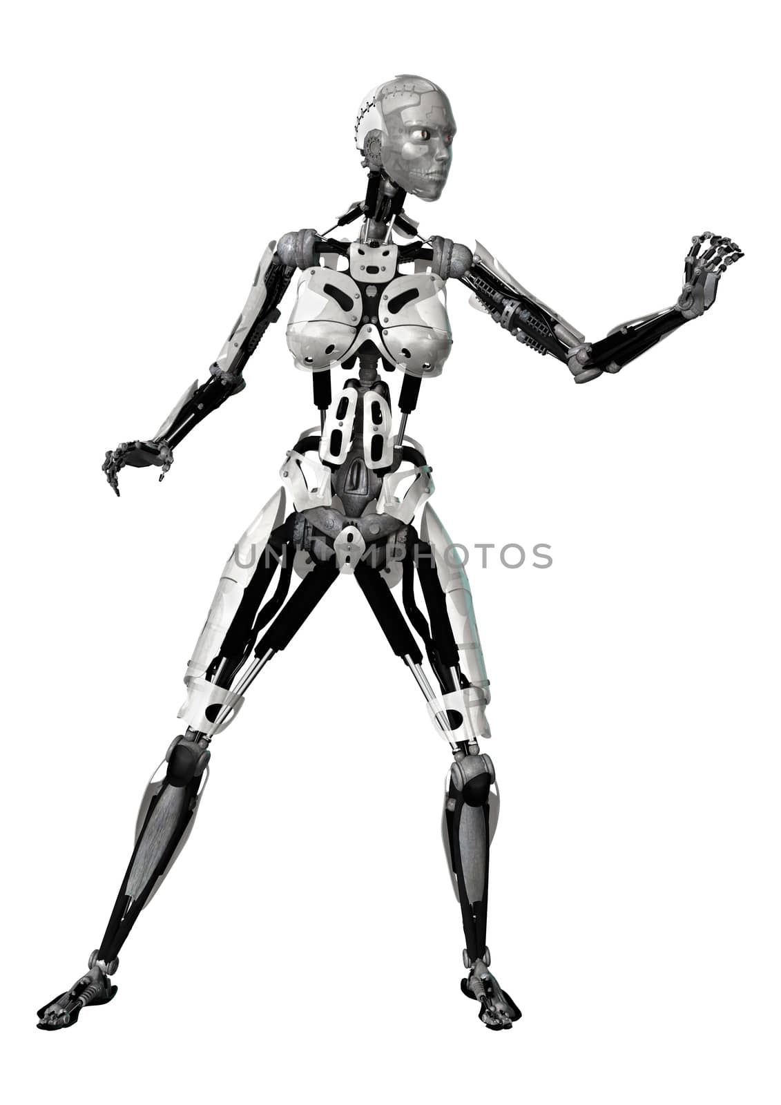 3D digital render of a female cyborg isolated on white background