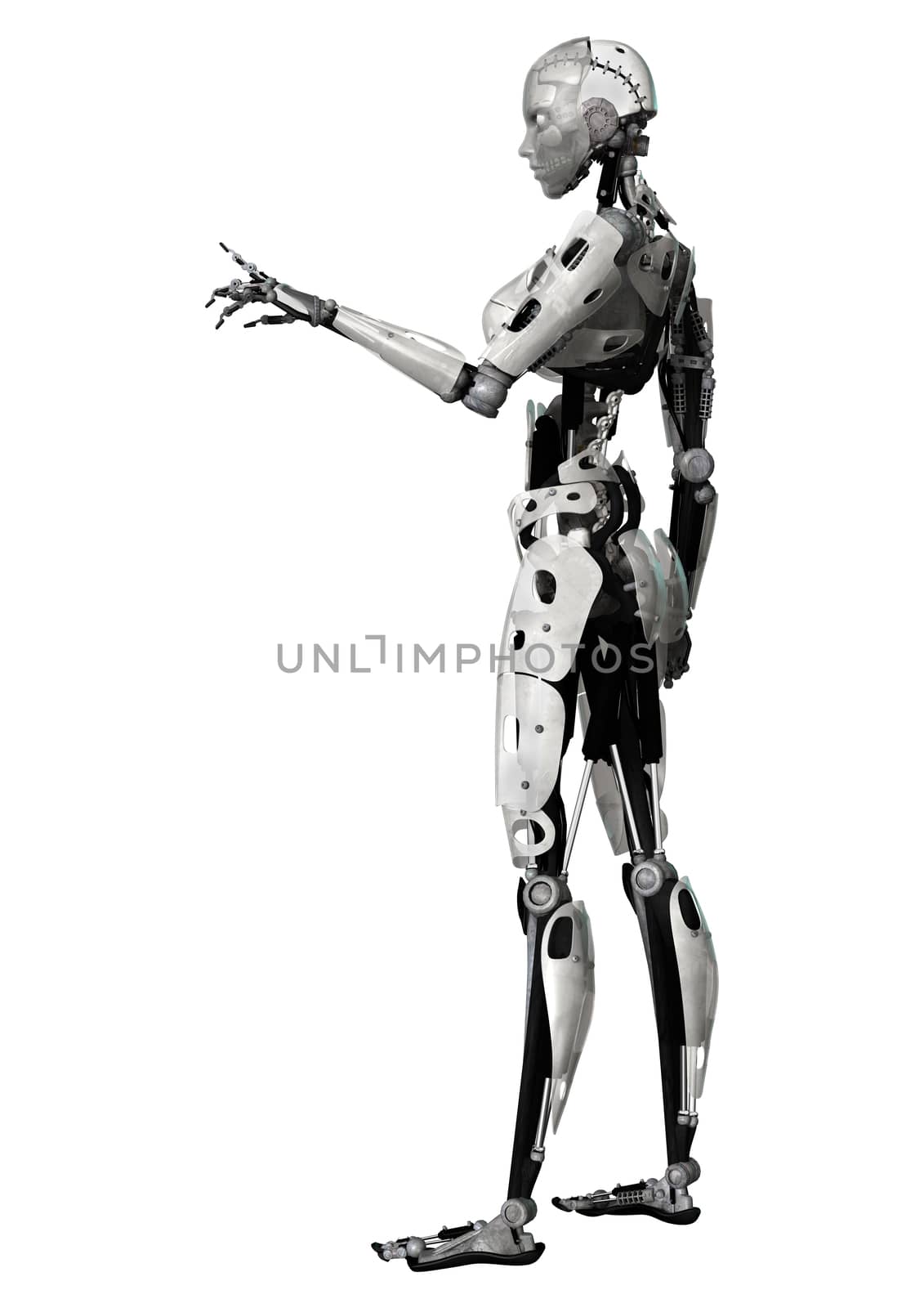 3D digital render of a female cyborg isolated on white background