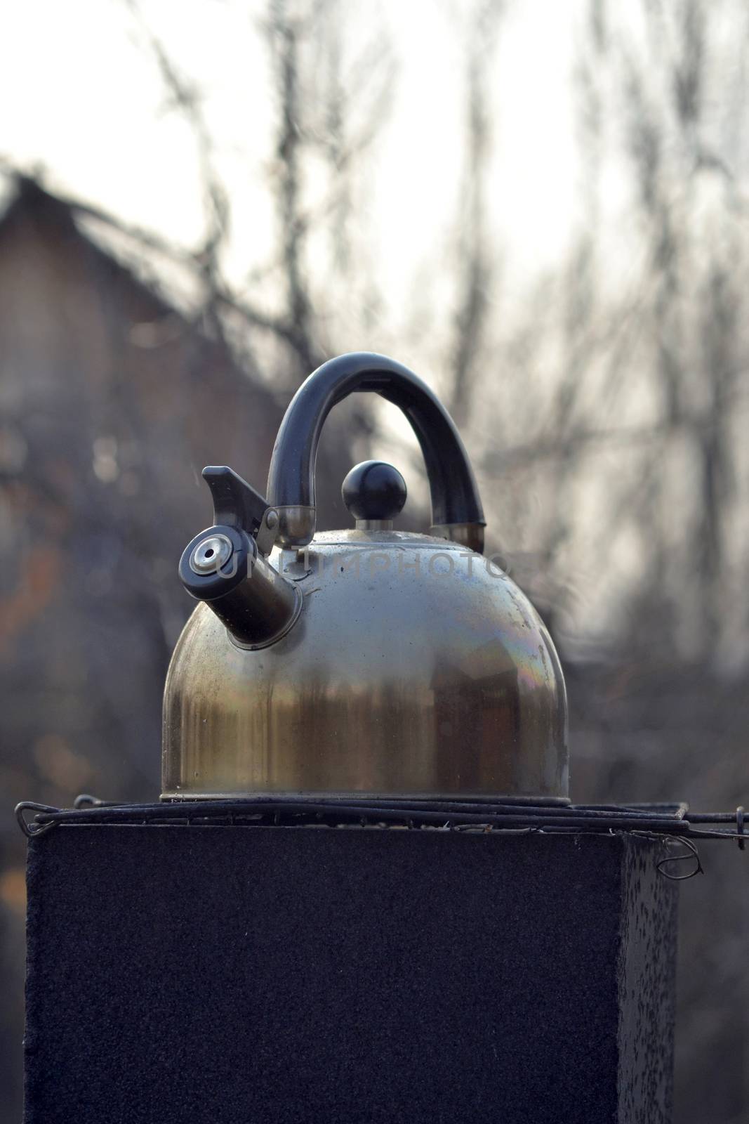 the whistling kettle begins to boil on a brazier