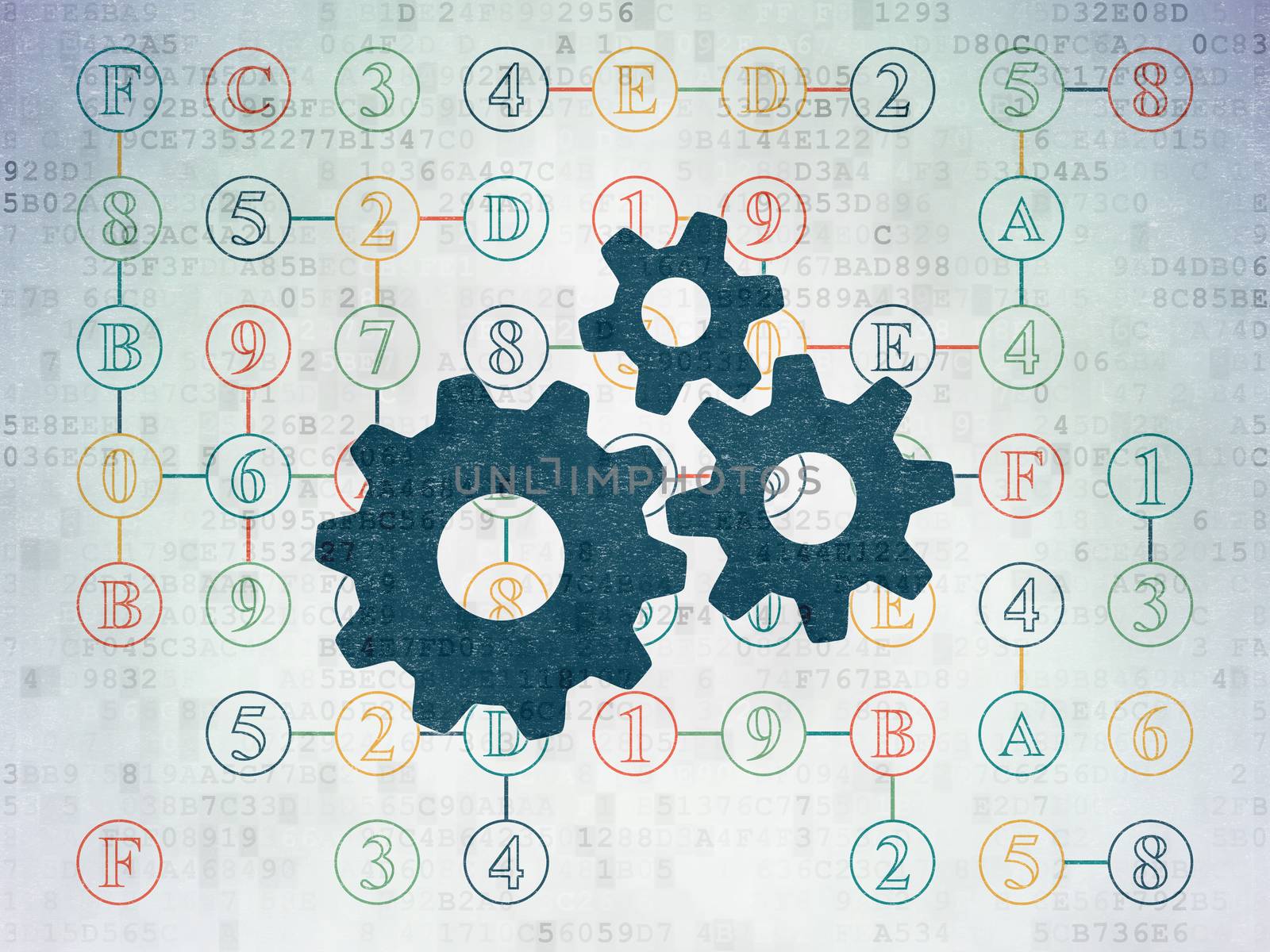 Data concept: Painted blue Gears icon on Digital Paper background with Scheme Of Hexadecimal Code, 3d render