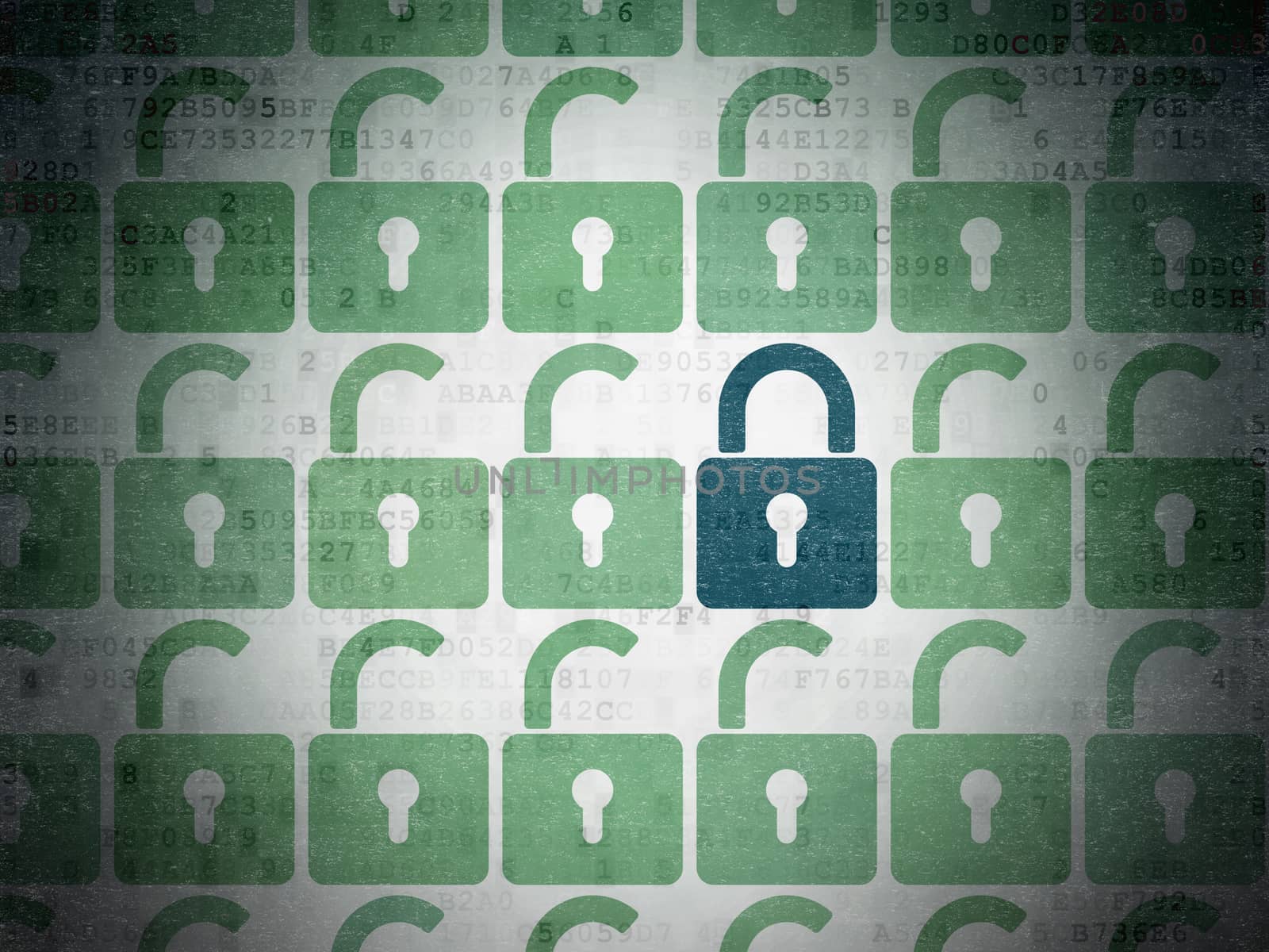Privacy concept: rows of Painted green opened padlock icons around blue closed padlock icon on Digital Paper background, 3d render