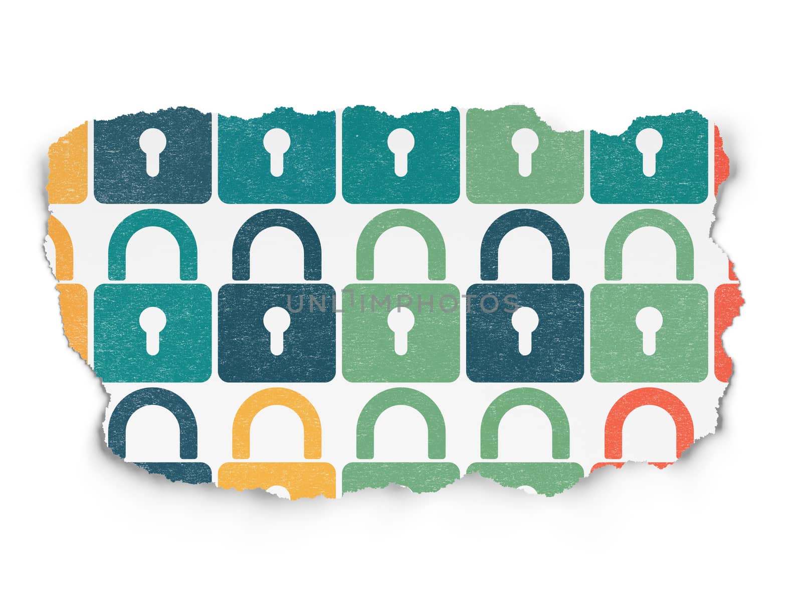 Security concept: Painted multicolor Closed Padlock icons on Torn Paper background, 3d render