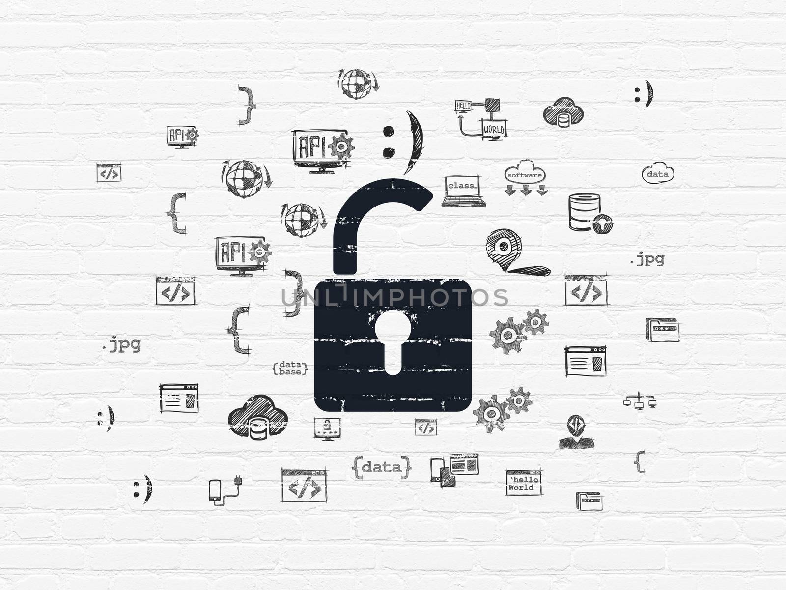 Protection concept: Painted black Opened Padlock icon on White Brick wall background with  Hand Drawn Programming Icons, 3d render