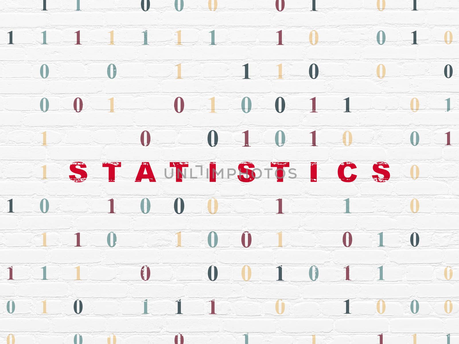 Finance concept: Painted red text Statistics on White Brick wall background with Binary Code, 3d render