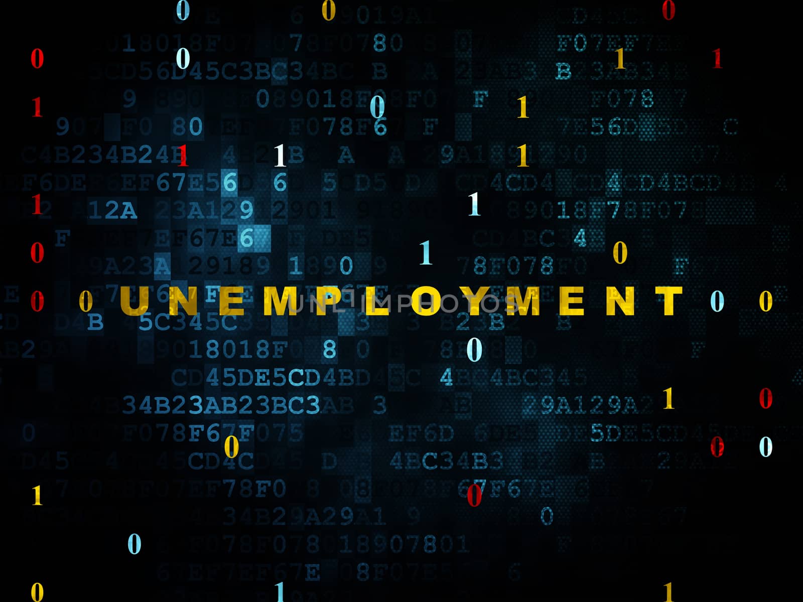 Business concept: Pixelated yellow text Unemployment on Digital wall background with Binary Code, 3d render