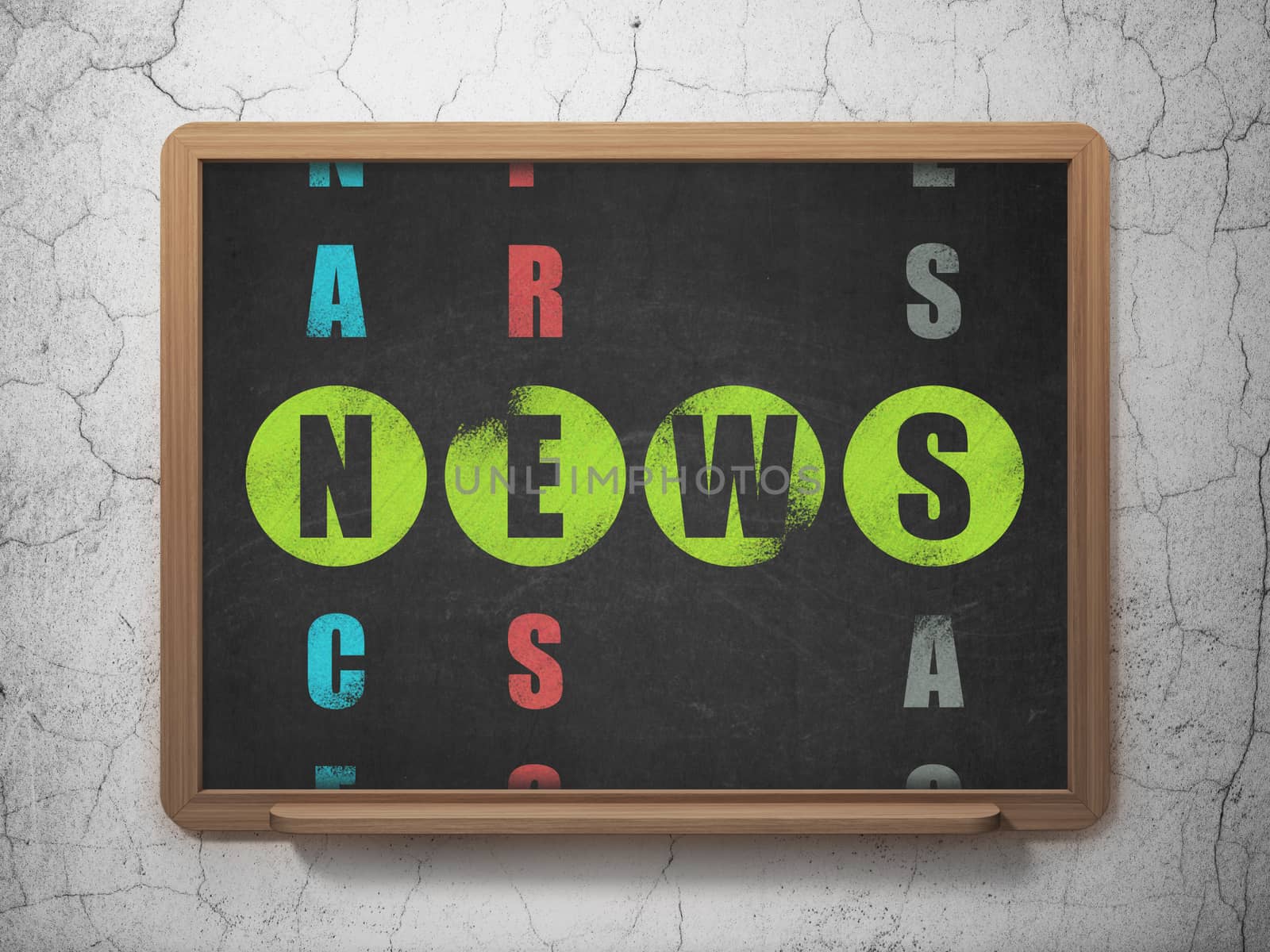 News concept: Painted green word News in solving Crossword Puzzle on School Board background, 3d render
