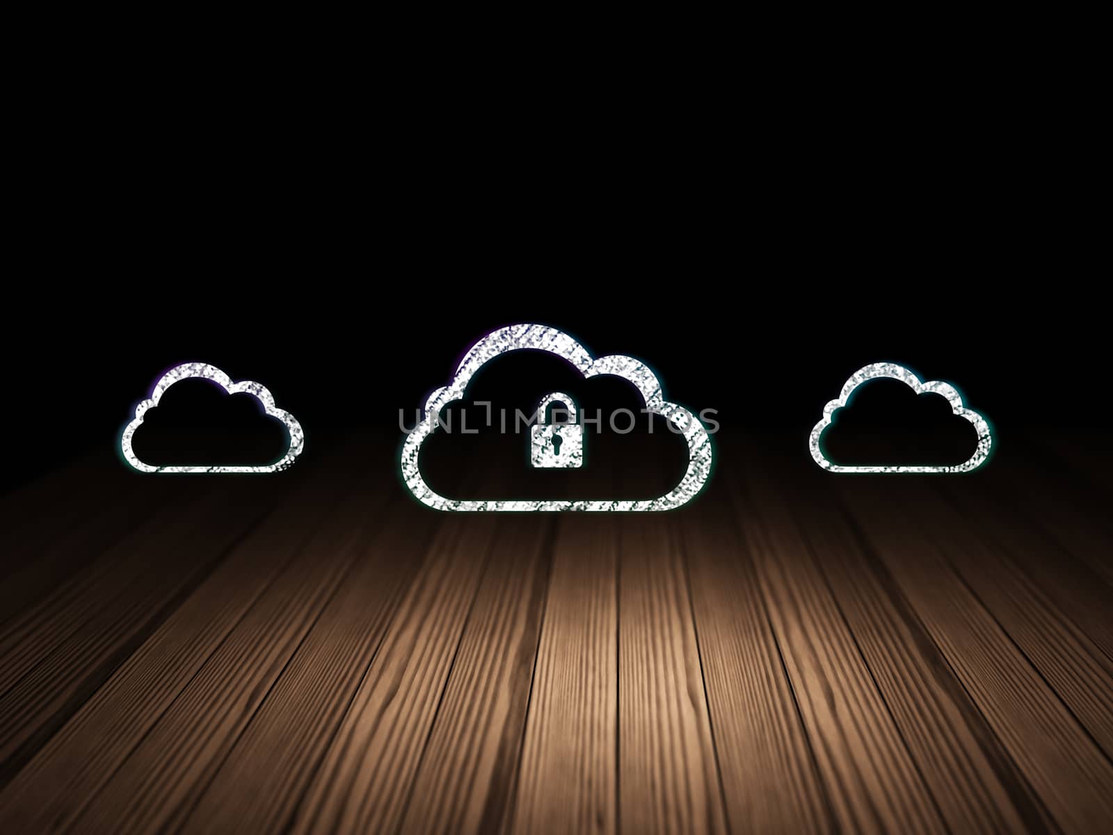 Cloud networking concept: row of Glowing cloud icons around cloud with padlock icon in grunge dark room Wooden Floor, dark background, 3d render