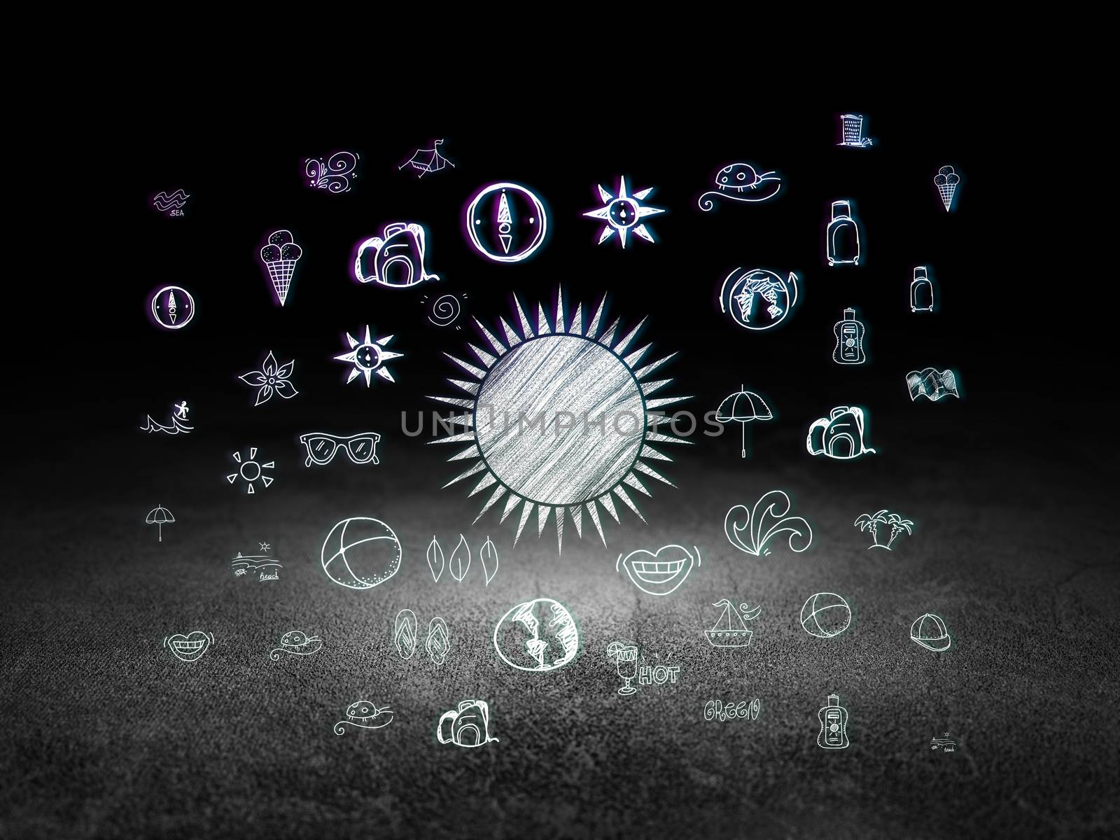 Tourism concept: Glowing Sun icon in grunge dark room with Dirty Floor, black background with  Hand Drawn Vacation Icons, 3d render