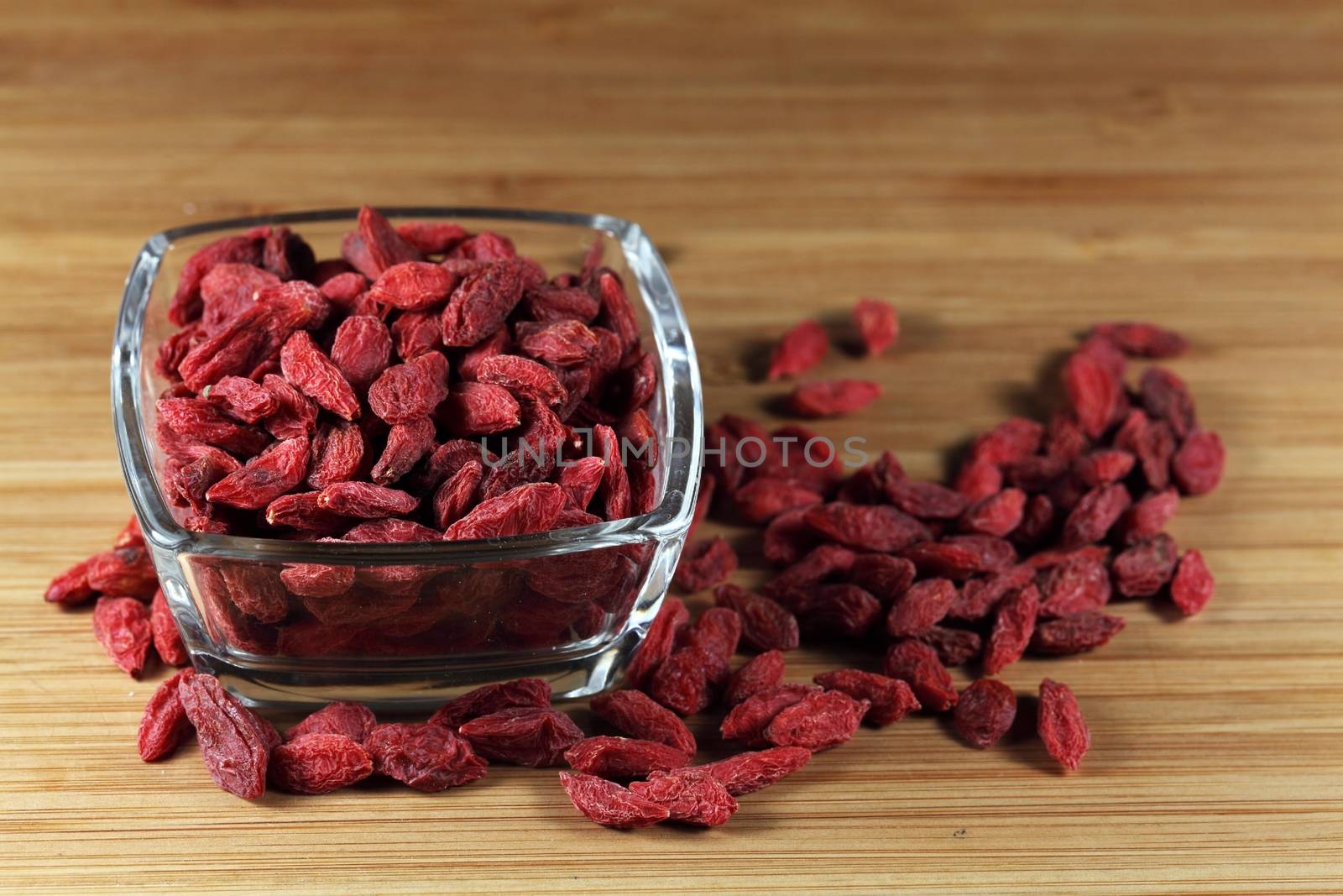 Dry goji berries in a glass bowl.