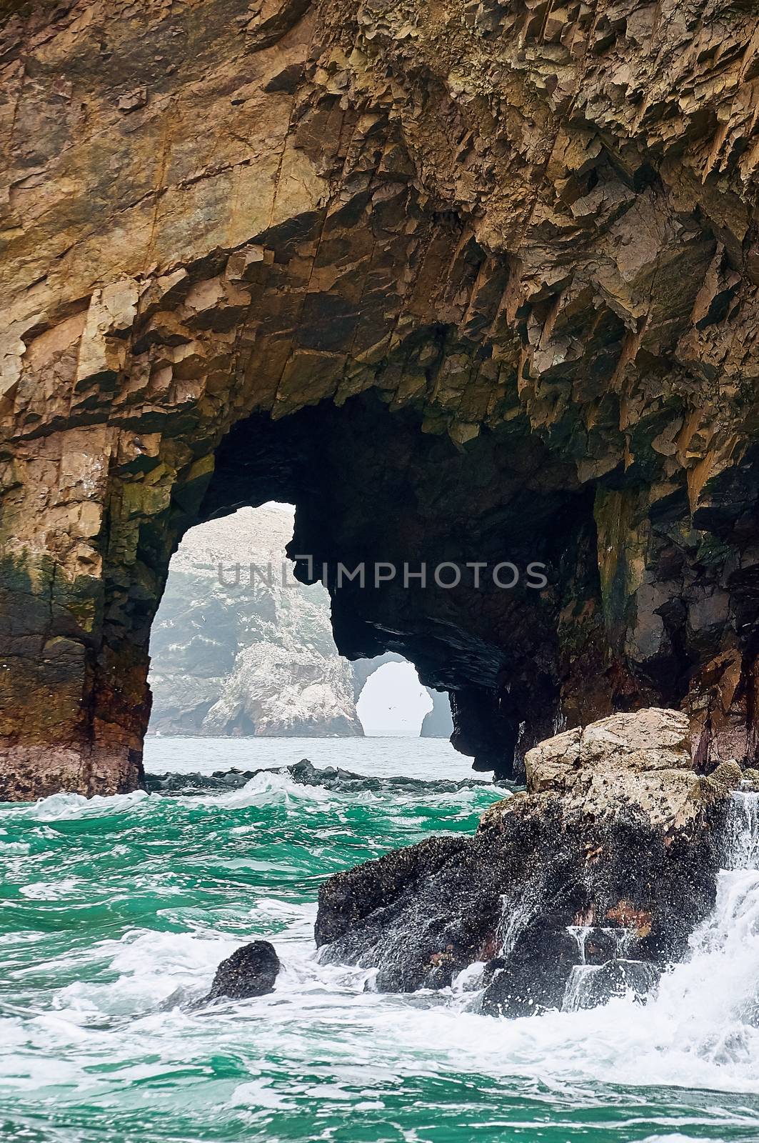 Rocky formation in Islas Ballestas, national reserve, Paracas, Peru