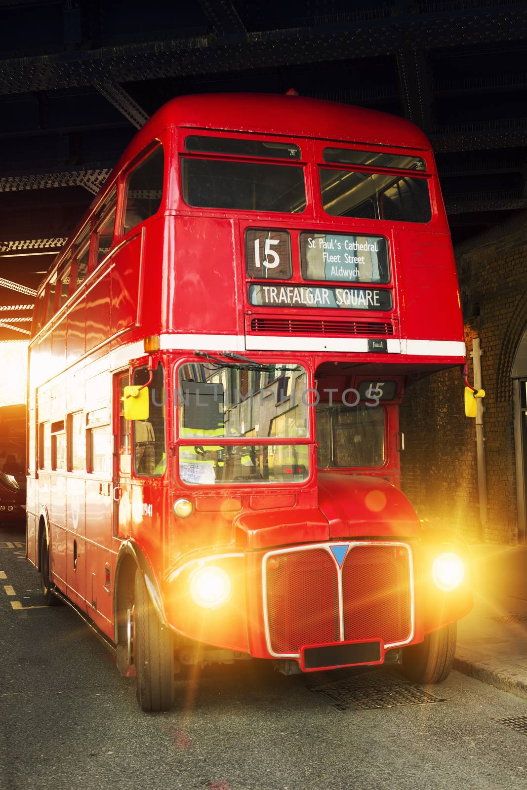 London's iconic Routemaster Bus at sunset