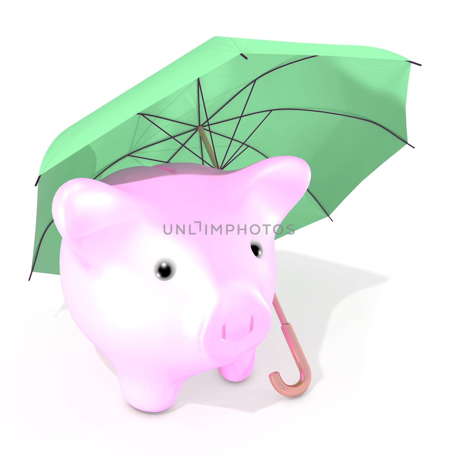 The illustration shows an umbrella protecting a little piggy bank against possible troubles linked to the market price fall.