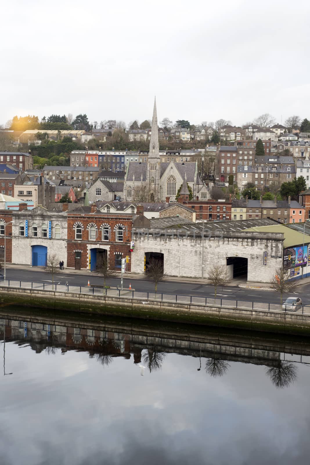 Cork city buildings beside the river Lee in Ireland