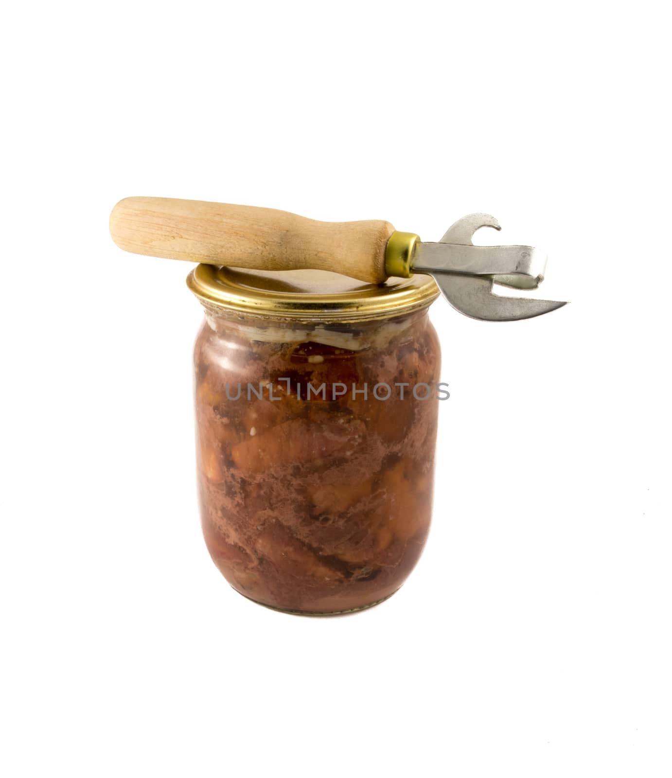 stew and a bottle opener on white background
