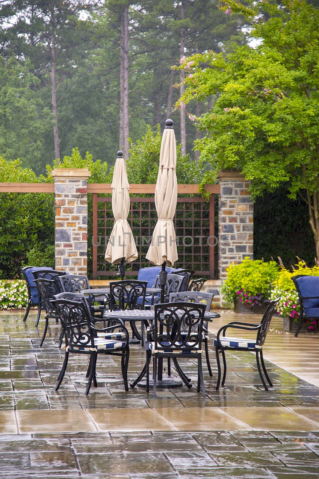 Modern set of outdoors patio furniture in a backyard