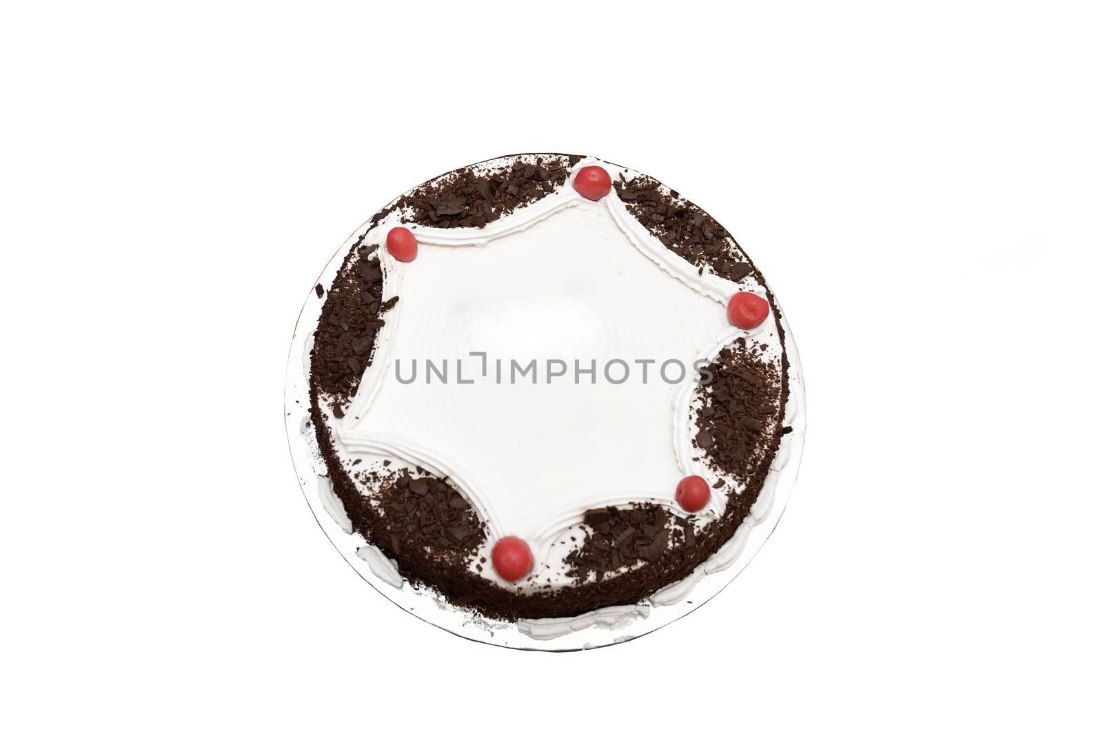 Chocolateand cherry cake isolated on white background