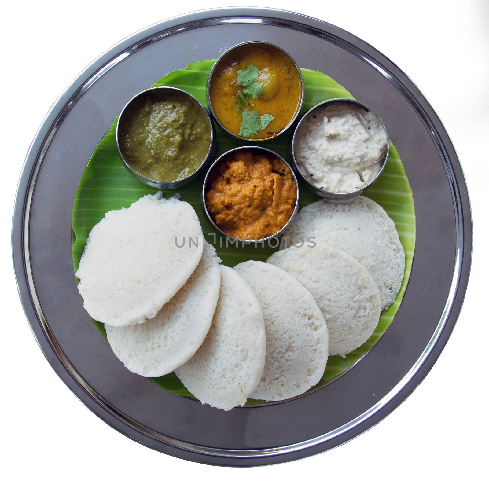Idli and sambar isolated on white background.  South Indian Snack