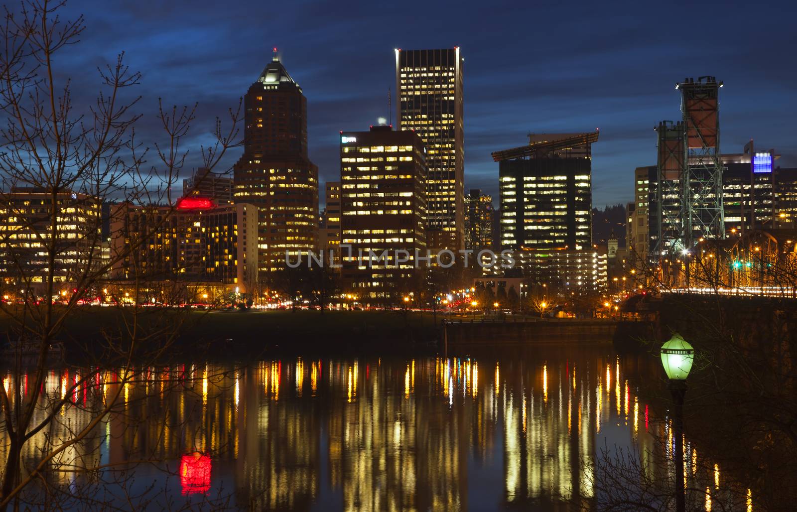 Portland Oregon downtown buildings blue hour lights.