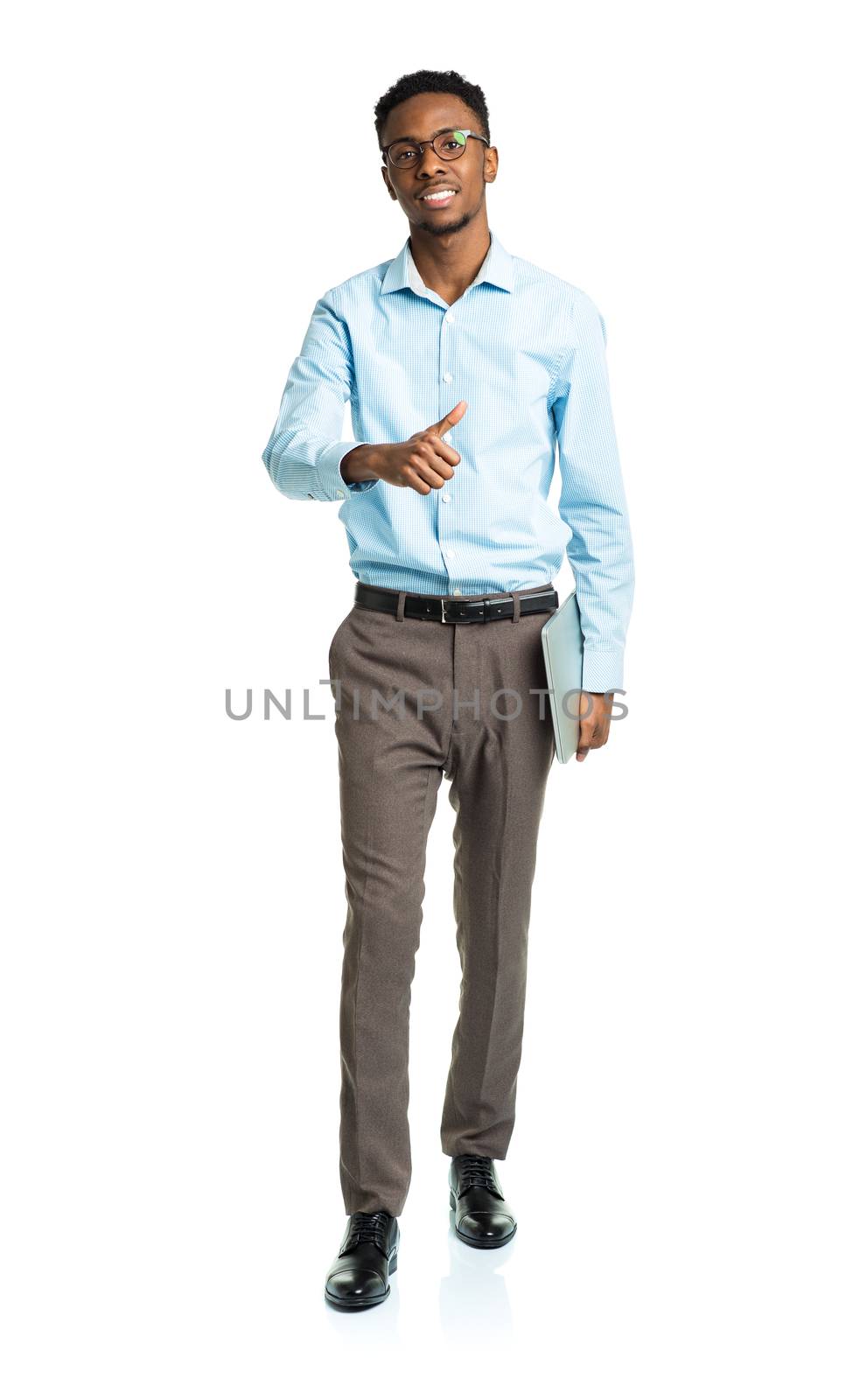 Happy african american college student with laptop and finger up standing on white background