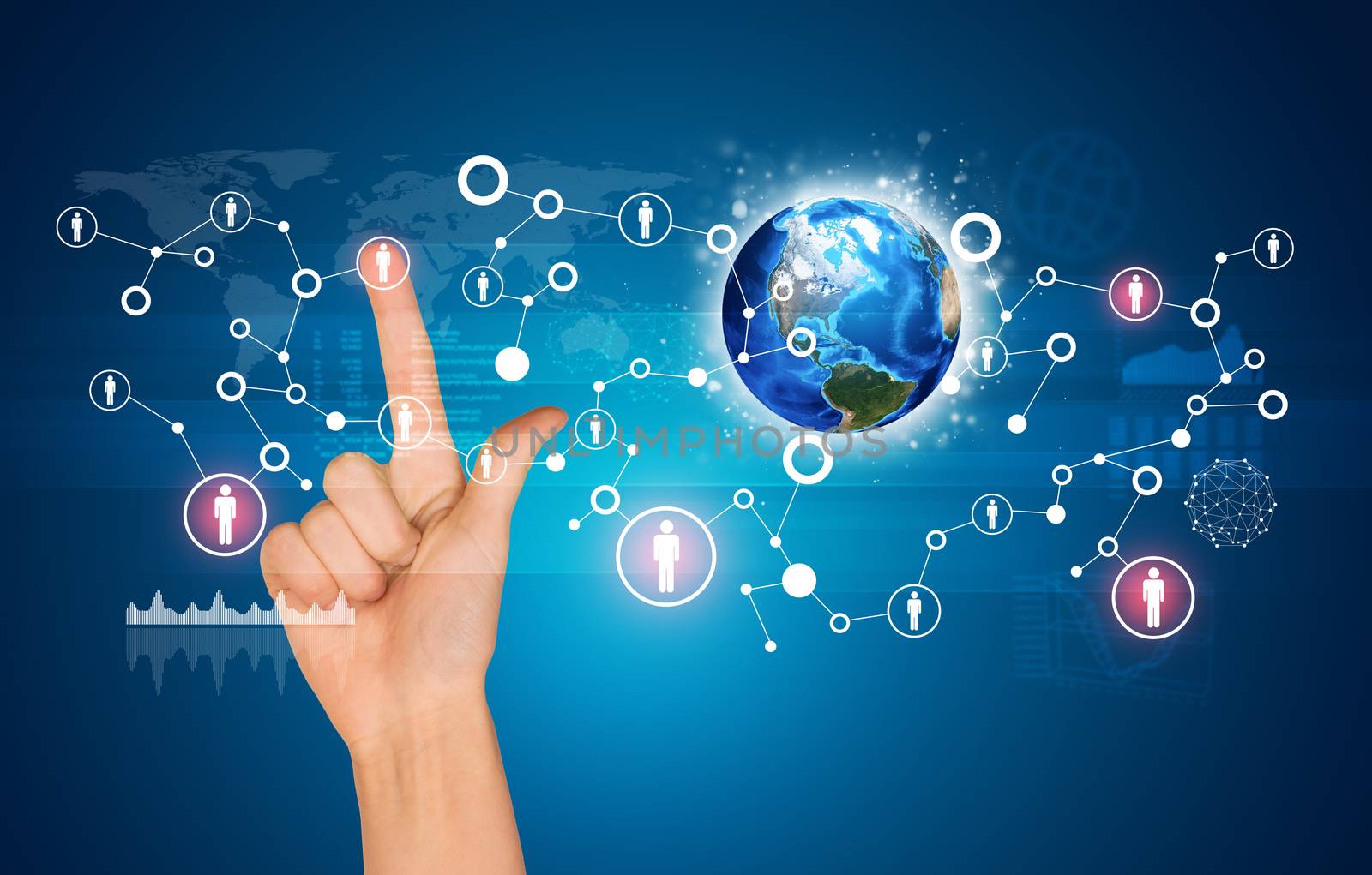 Communication in global computer networks within pointer finger of right hand touching screen. Elements of this image furnished by NASA