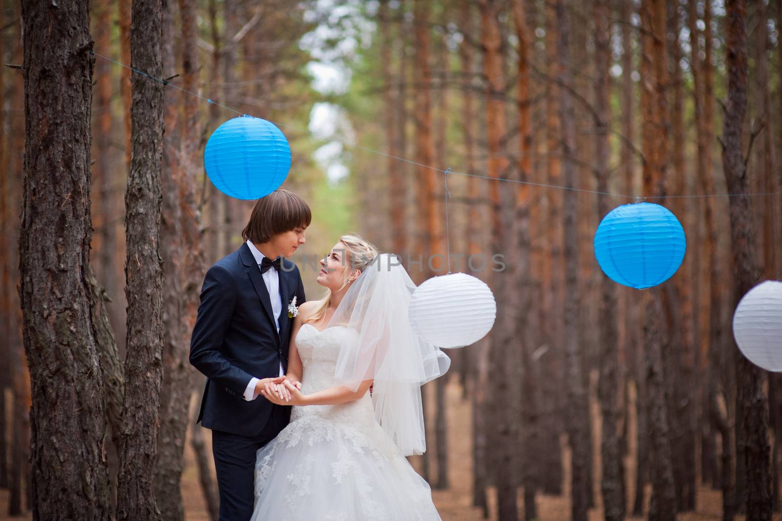 happy bride and groom walking in the autumn forest.