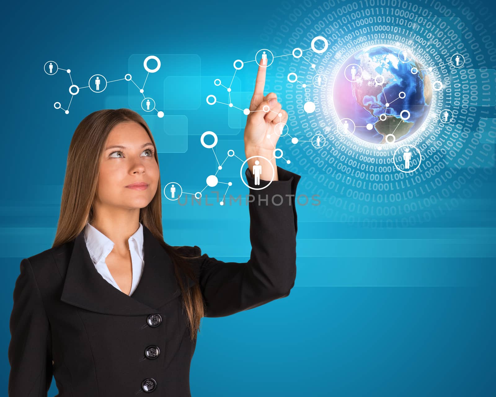 Buinesswoman looking up at her pointer finger of left hand and pressing on holographic screen with connecting lines on world map in foreground. Elements of this image furnished by NASA