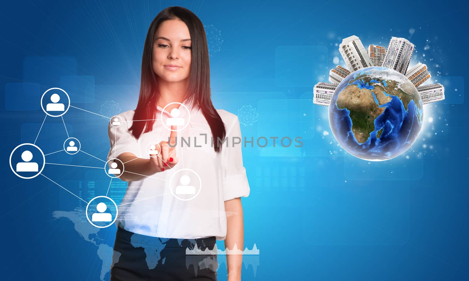 Buinesswoman looking at her pointer finger of right hand and pressing on holographic screen with connecting lines in foreground.  Set of buildings on earth. Elements of this image furnished by NASA