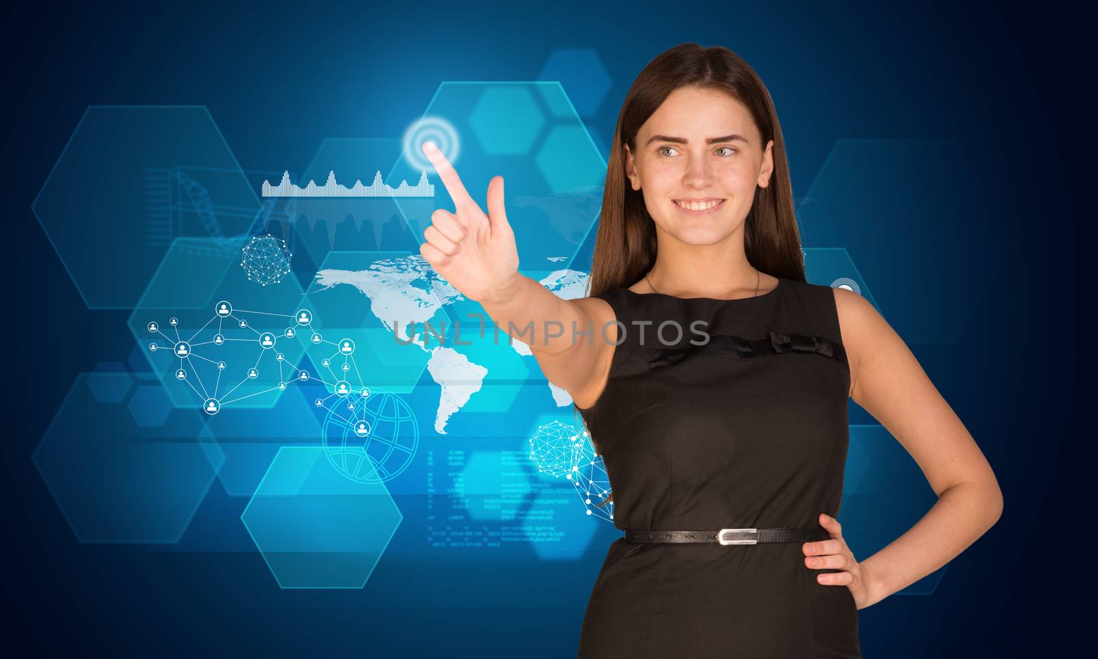 Young woman pressing on holographic screen  by cherezoff