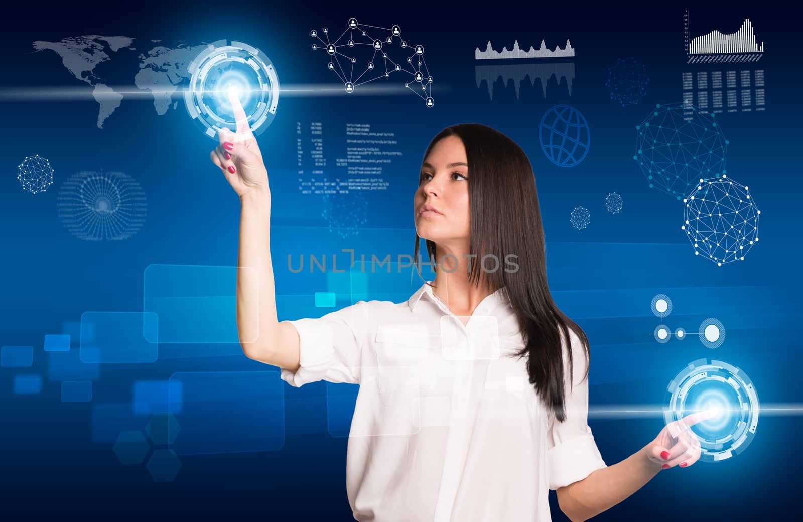 Young woman pressing buttons using two hands and looking up at right hand social network future interface, pressing light point on holographic screen. Social network concept