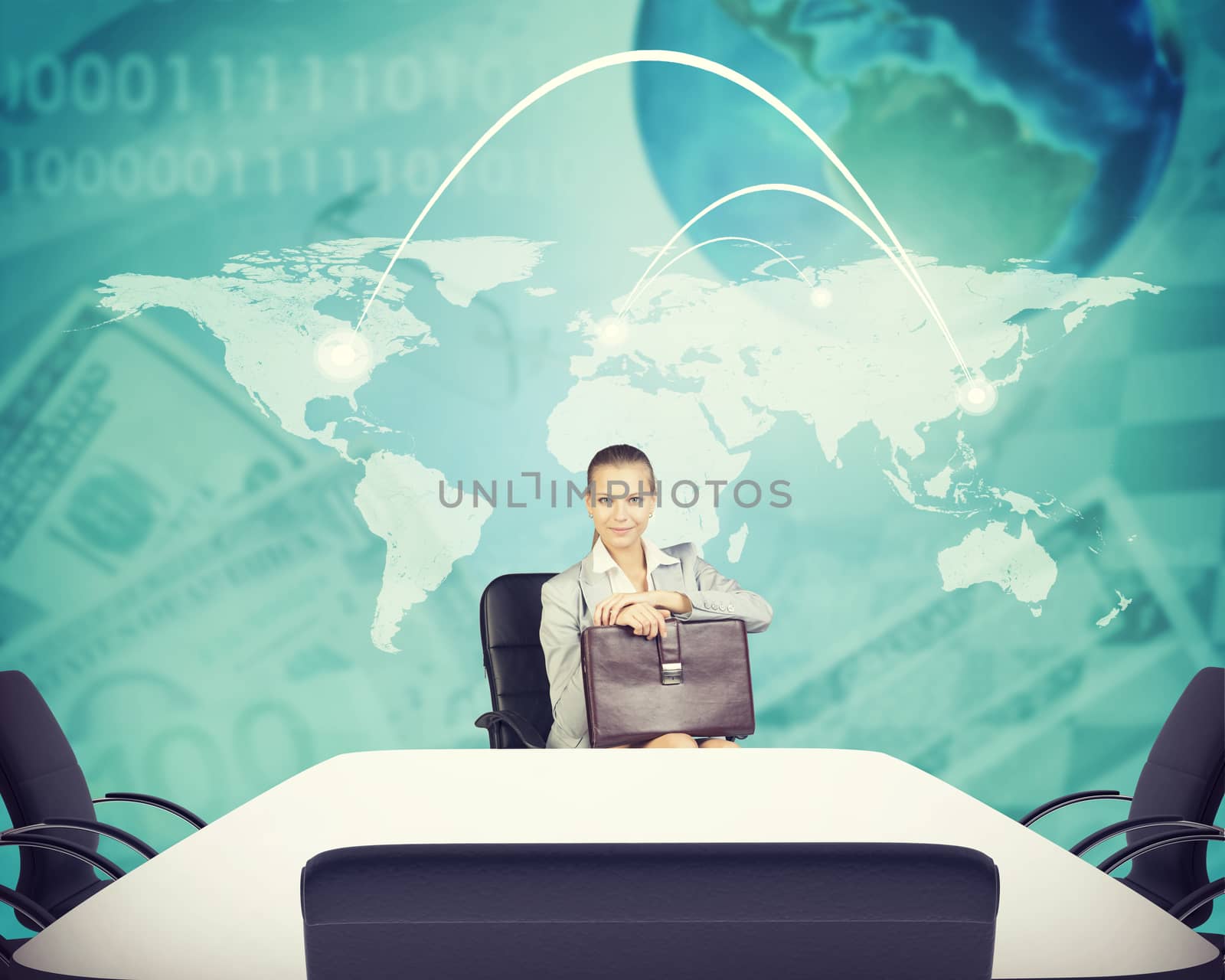 Business woman sitting in office, holding briefcase and looking at camera on abstract business background. Elements of this image furnished by NASA