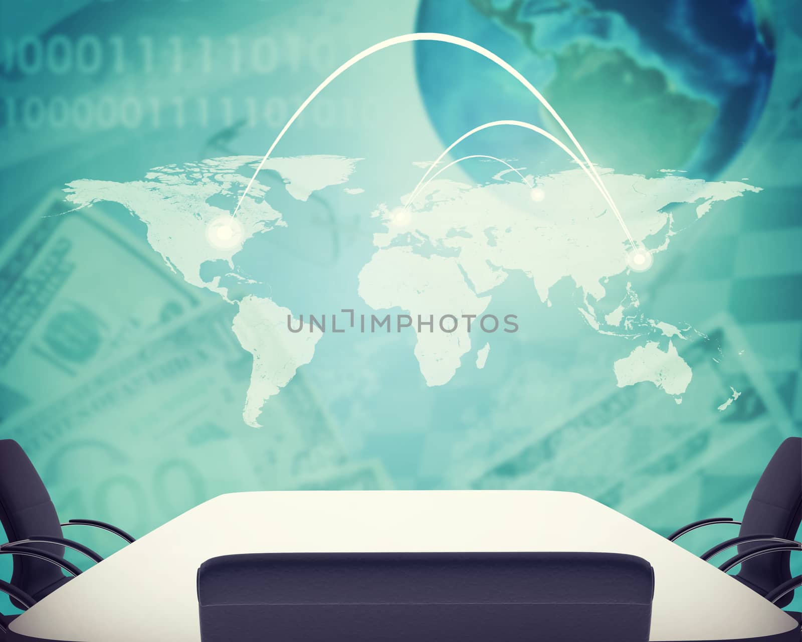 Business office on abstract background with money. Virtual world map with connected points. Elements of this image furnished by NASA