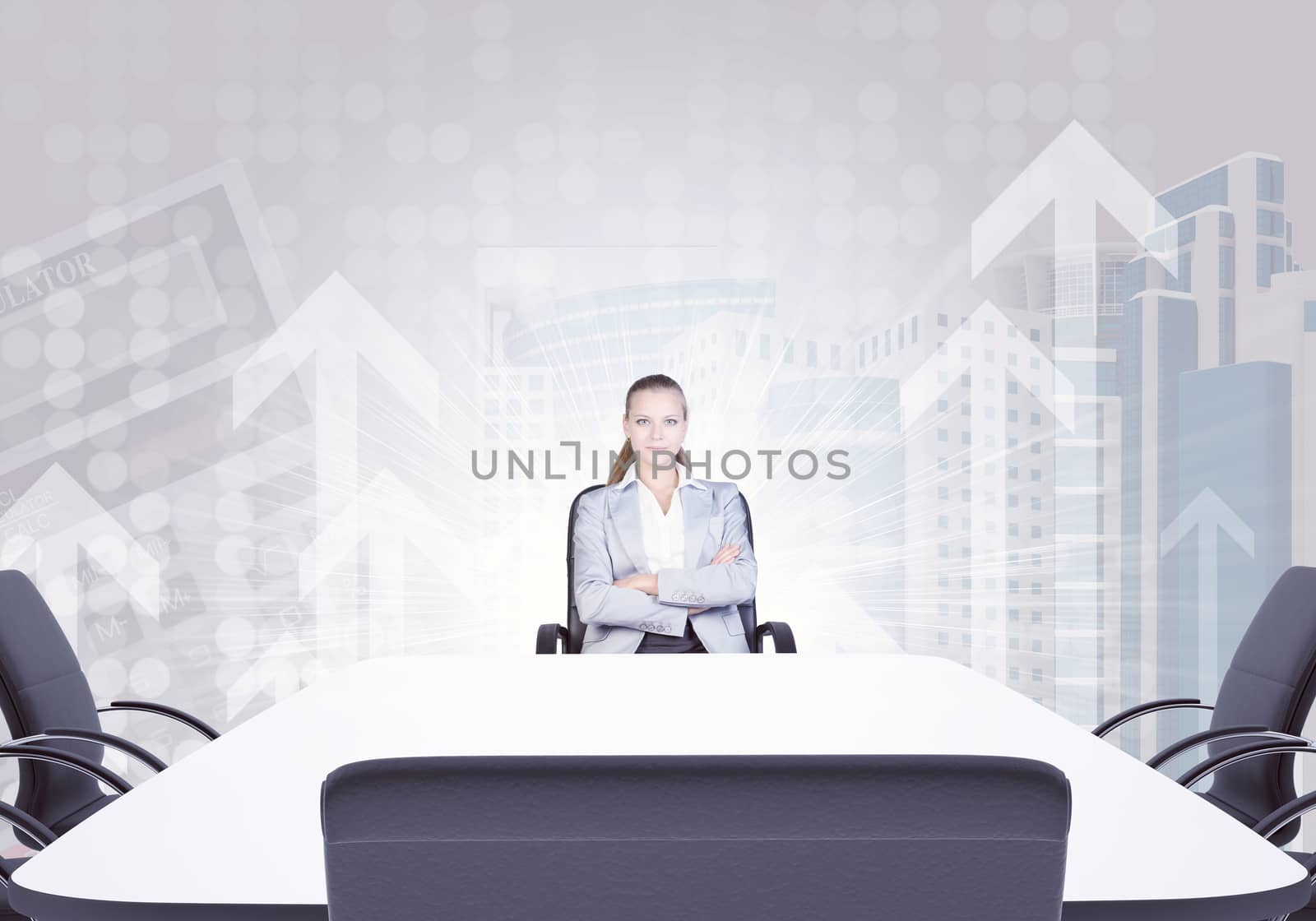 Successful businesswoman sitting at table and looking at camera on abstract light background with up arrows