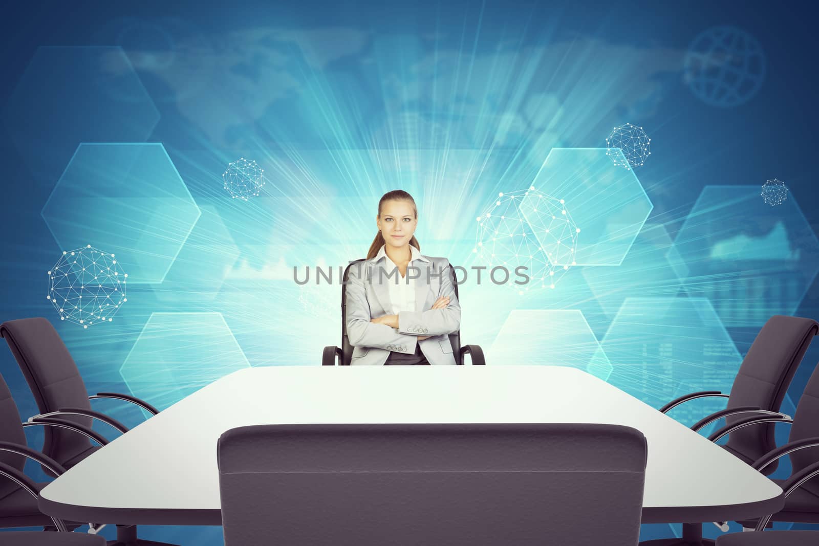 Smiling Business lady sitting  at table and looking at camera on absrtact background with world map