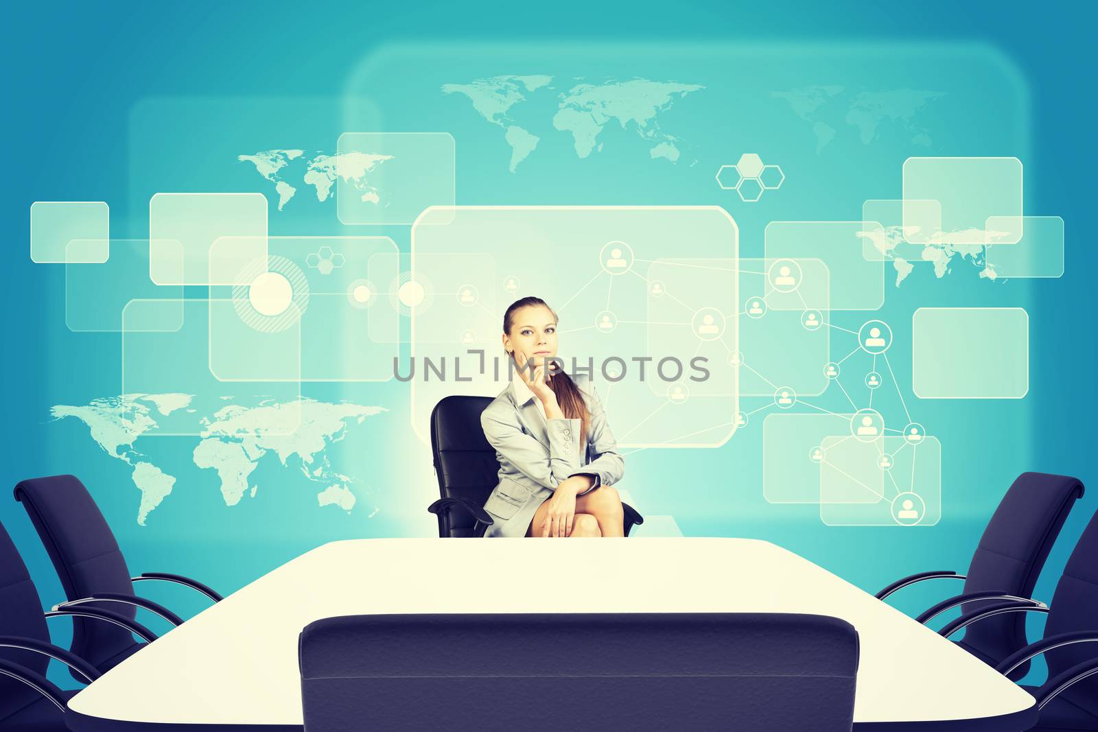 Business lady sitting at table with thoughtful face and looking at camera on abstract background with empty tables